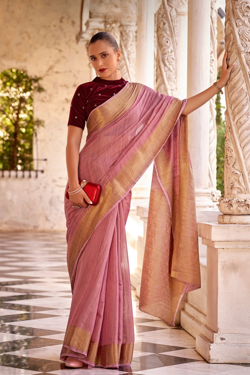 Pink Tissue Linen With Zari Weaving Saree