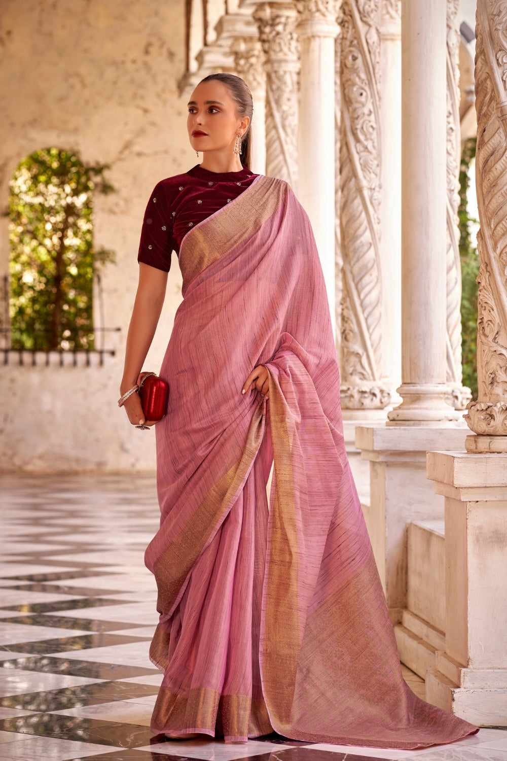Pink Tissue Linen With Zari Weaving Saree