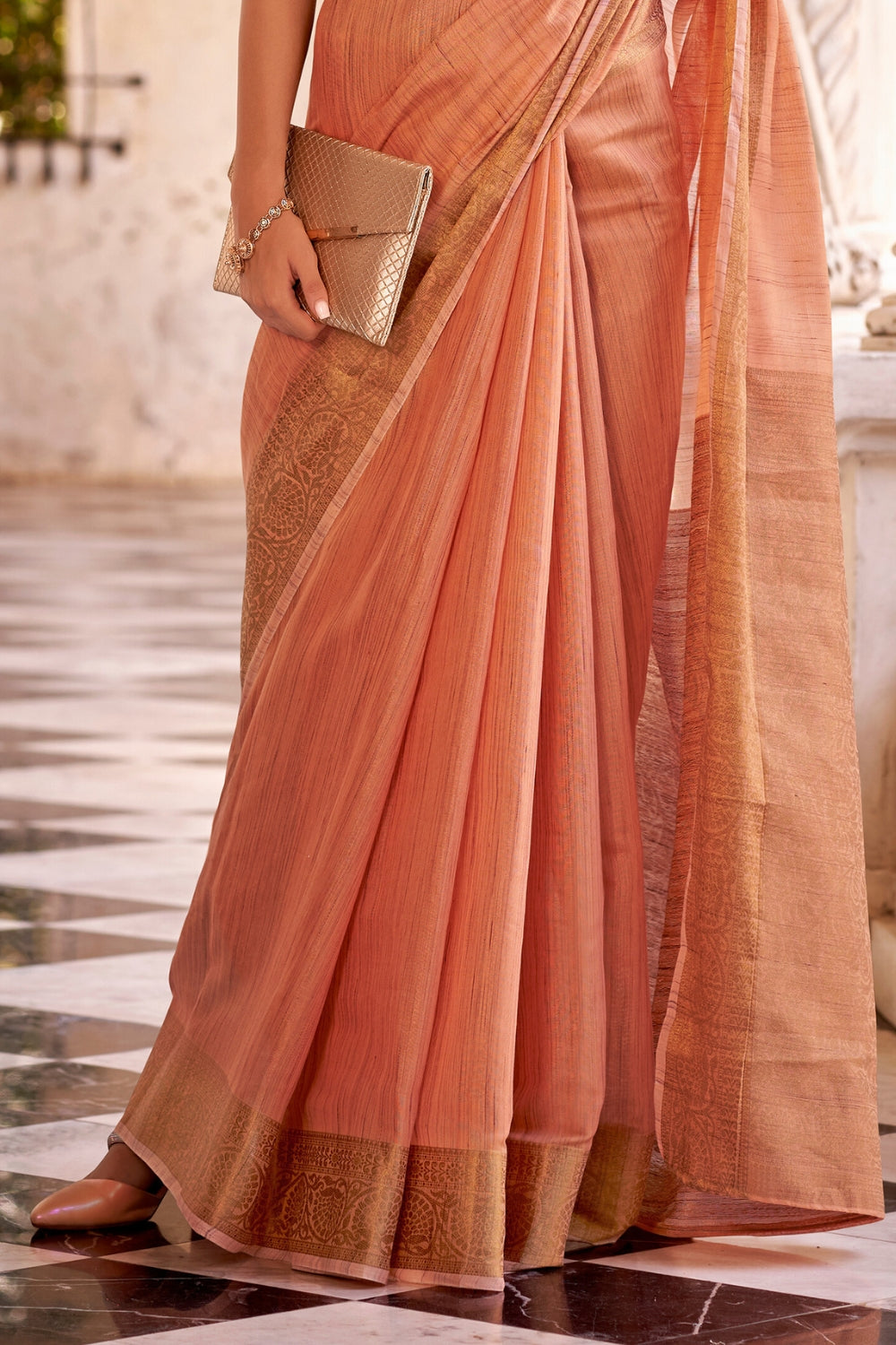 Orange Tissue Linen With Zari Weaving Saree