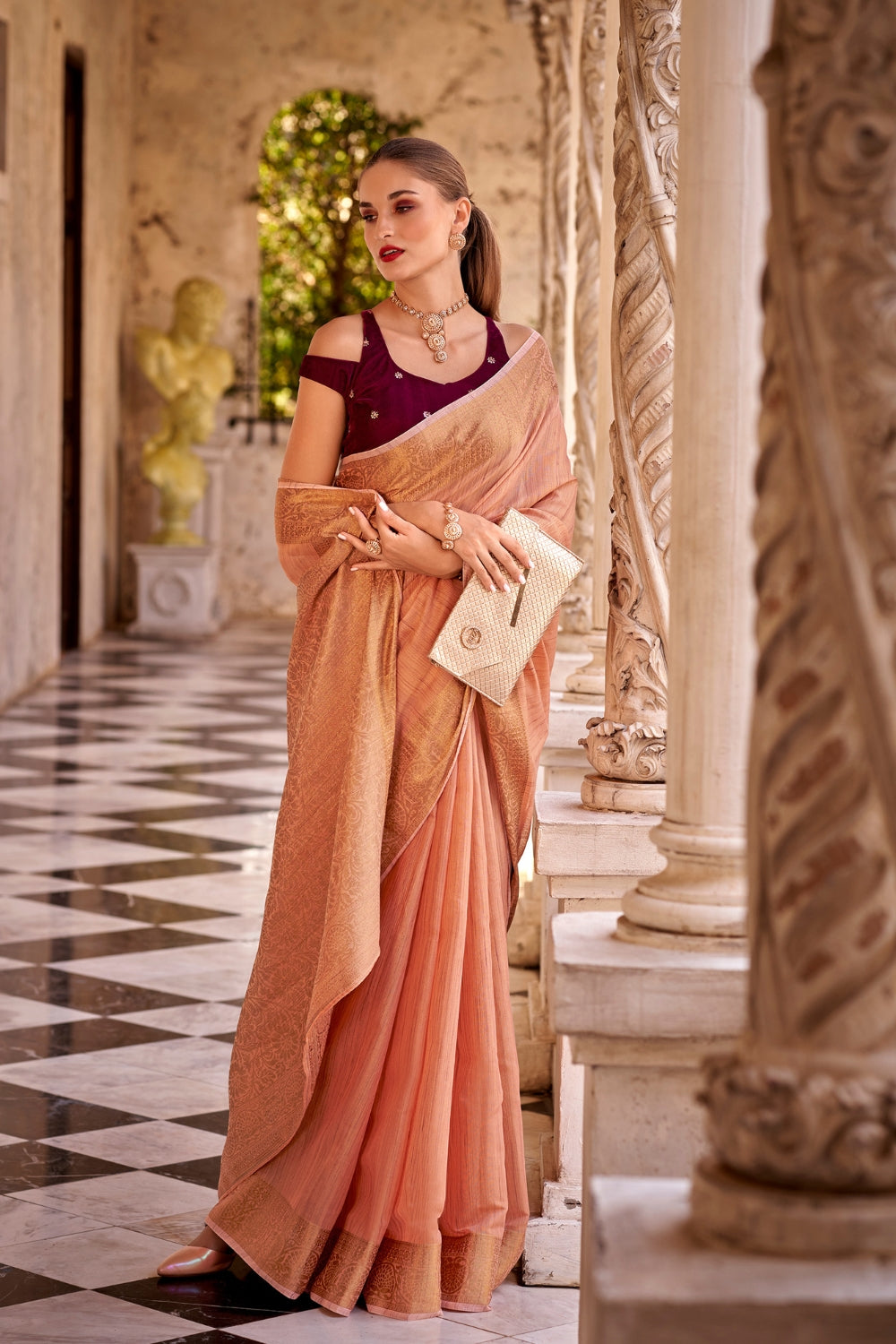 Orange Tissue Linen With Zari Weaving Saree