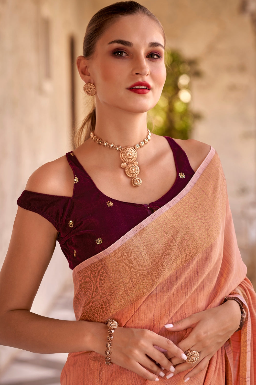 Orange Tissue Linen With Zari Weaving Saree