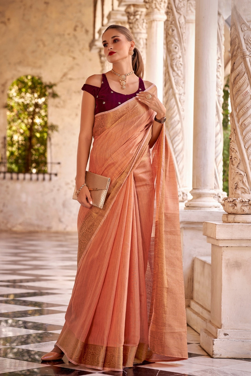 Orange Tissue Linen With Zari Weaving Saree