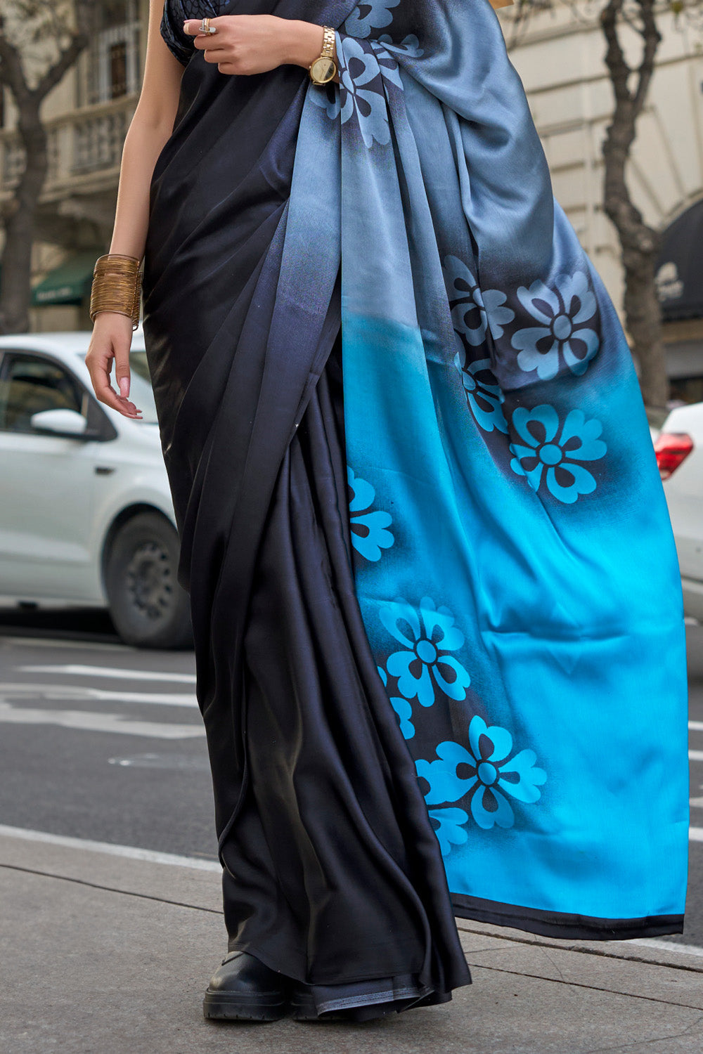Black & Blue Satin Silk Saree