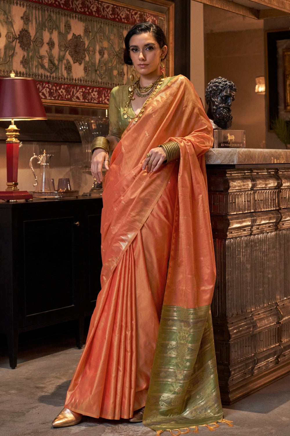 Orange Tussar Silk Saree