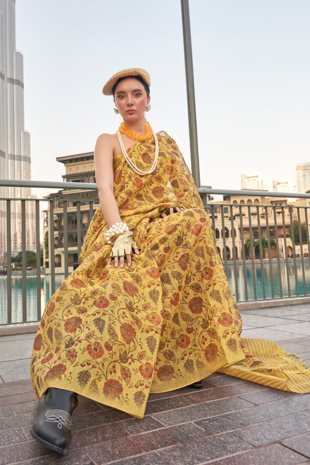 Mango Yellow Printed Tissue Saree