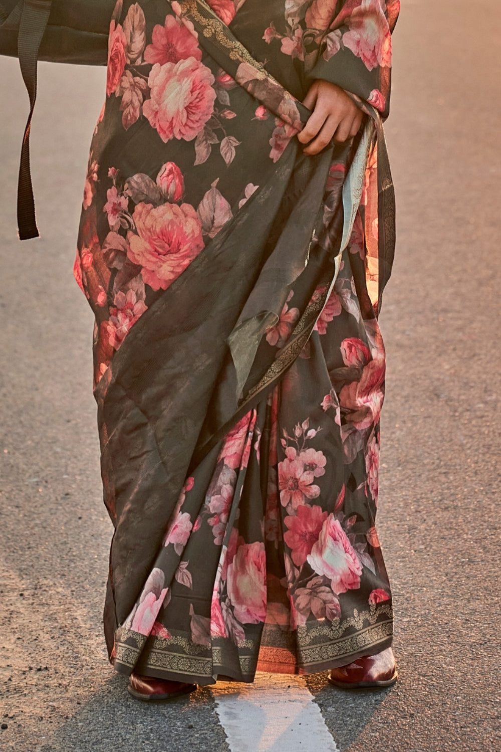 Carcoal Black Printed Tussar Saree