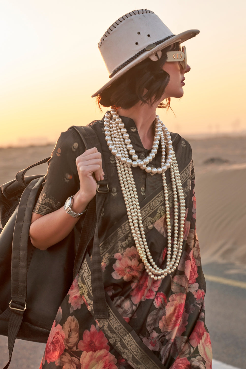 Carcoal Black Printed Tussar Saree