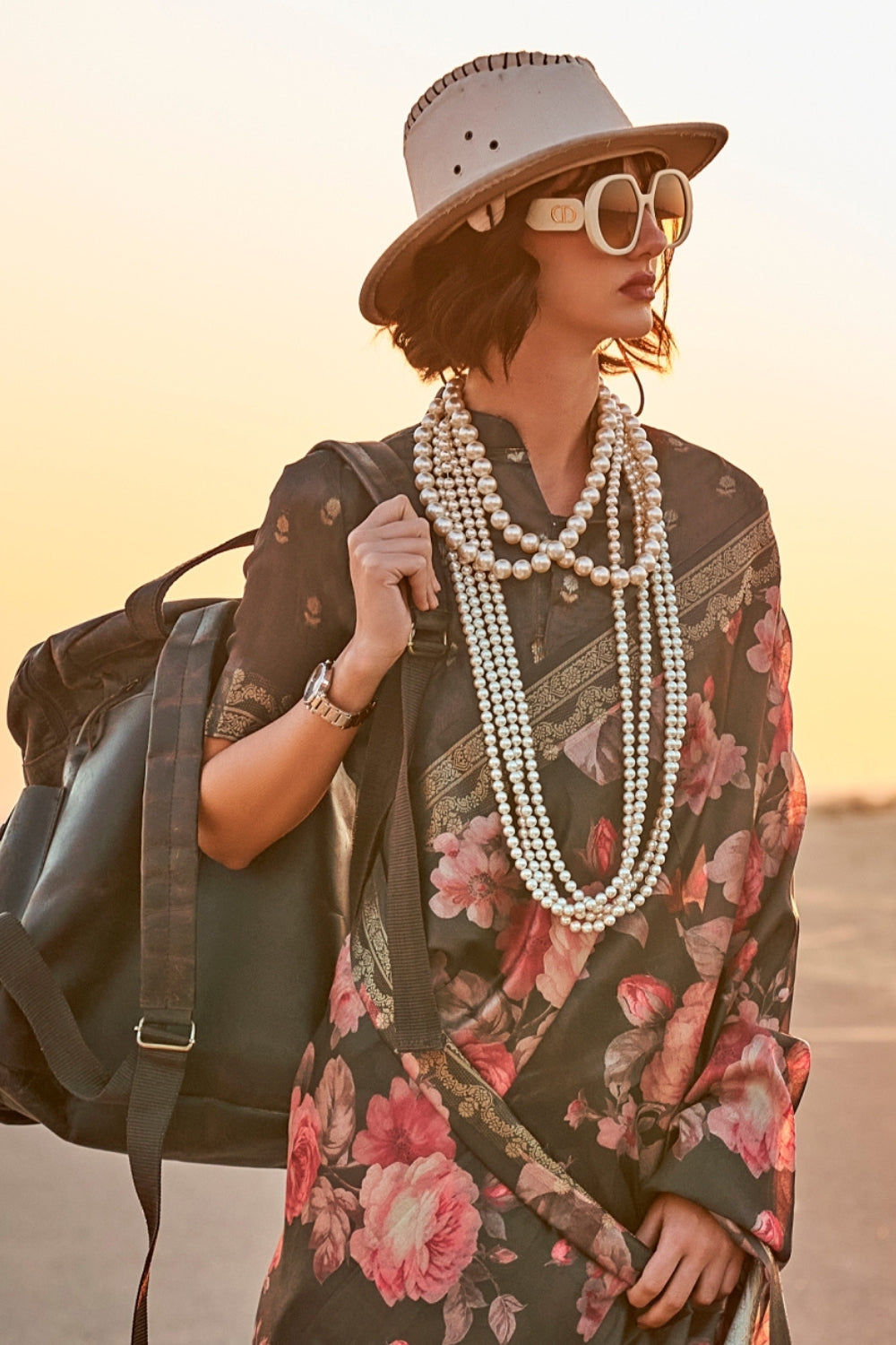 Carcoal Black Printed Tussar Saree