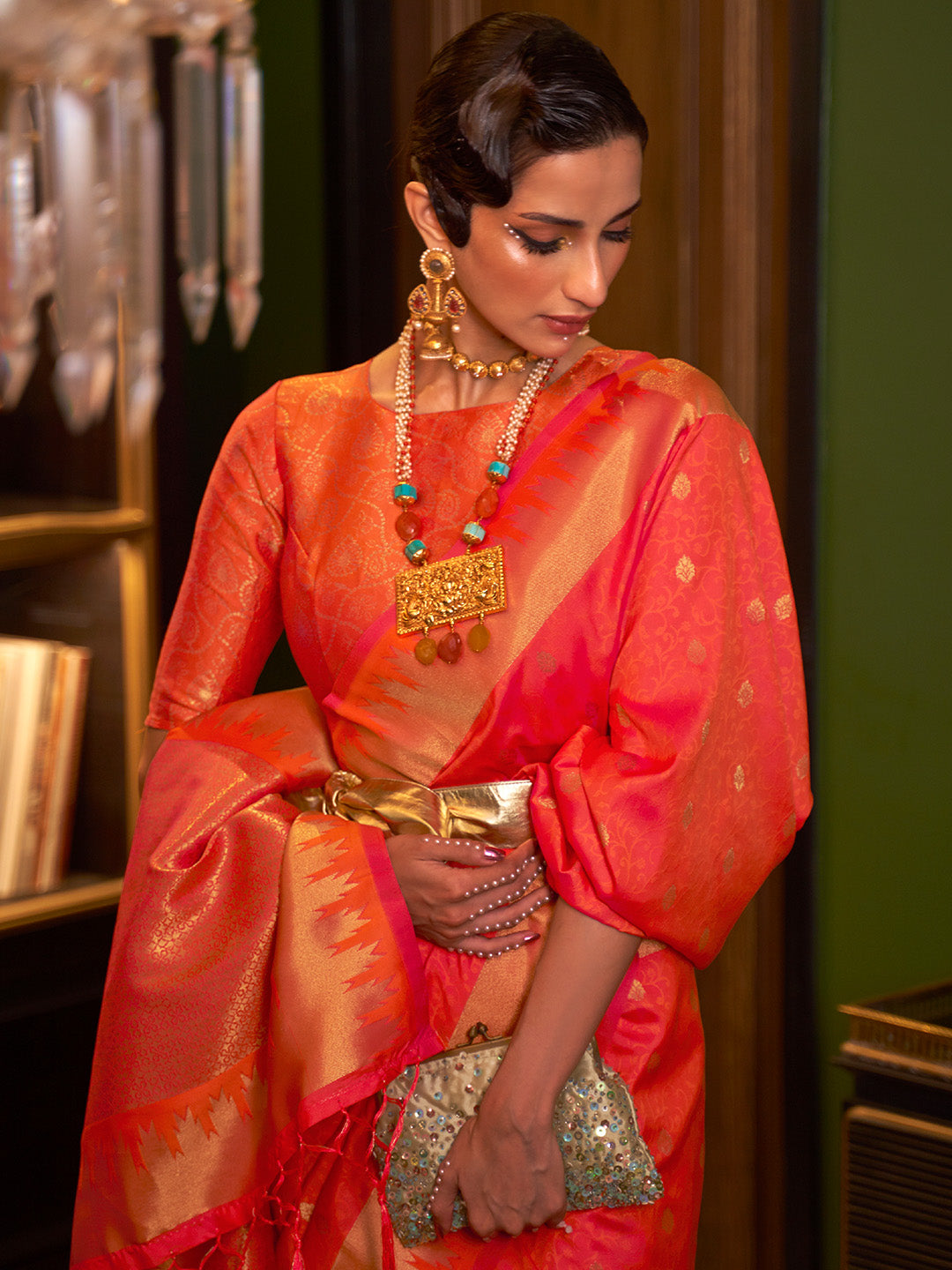 DARK ORANGE HANDLOOM WEAVING SILK SAREE WITH HEAVY BLOUSE