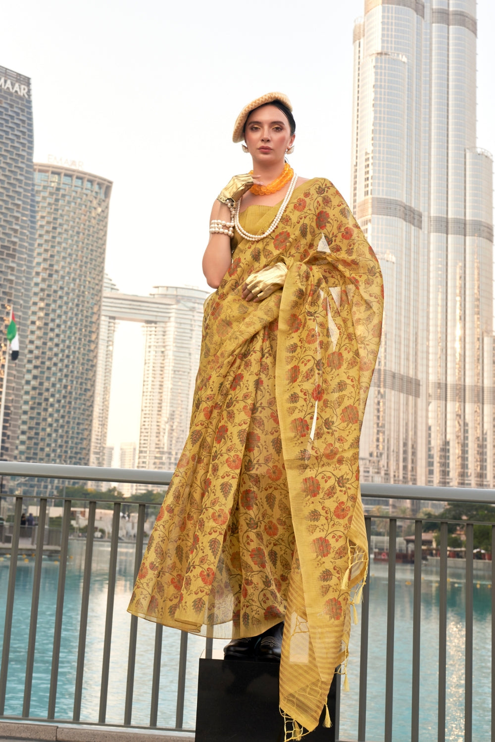 Mango Yellow Printed Tissue Saree