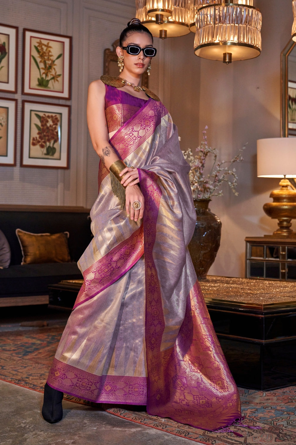 Purple Zari Tissue Saree