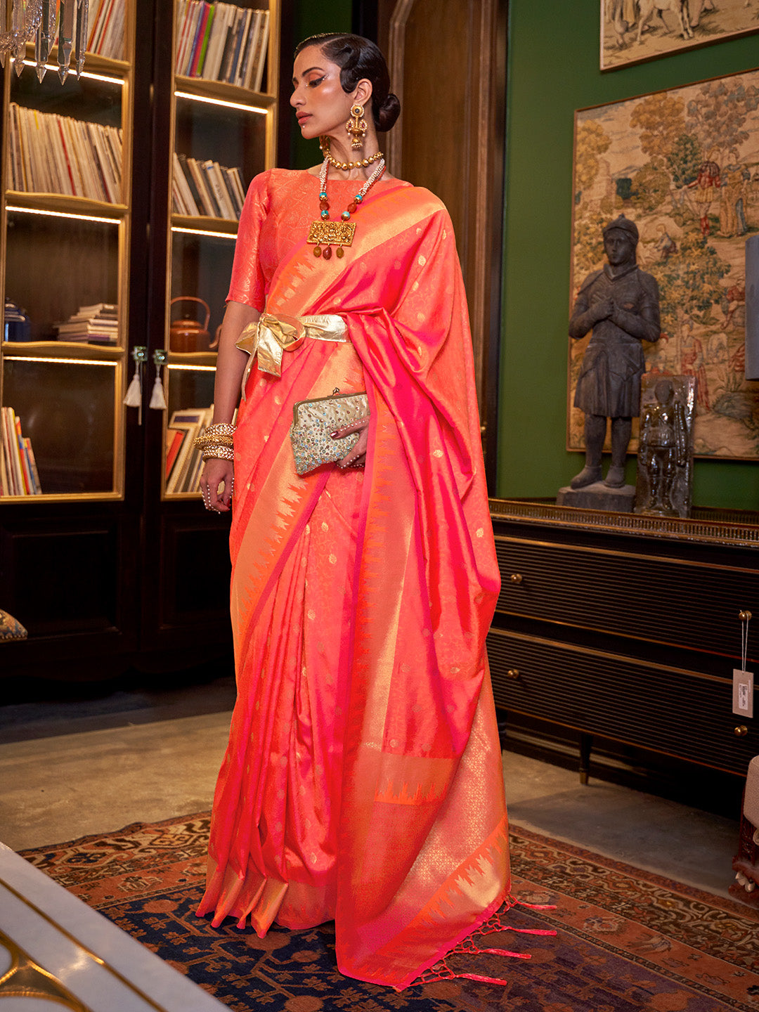 DARK ORANGE HANDLOOM WEAVING SILK SAREE WITH HEAVY BLOUSE