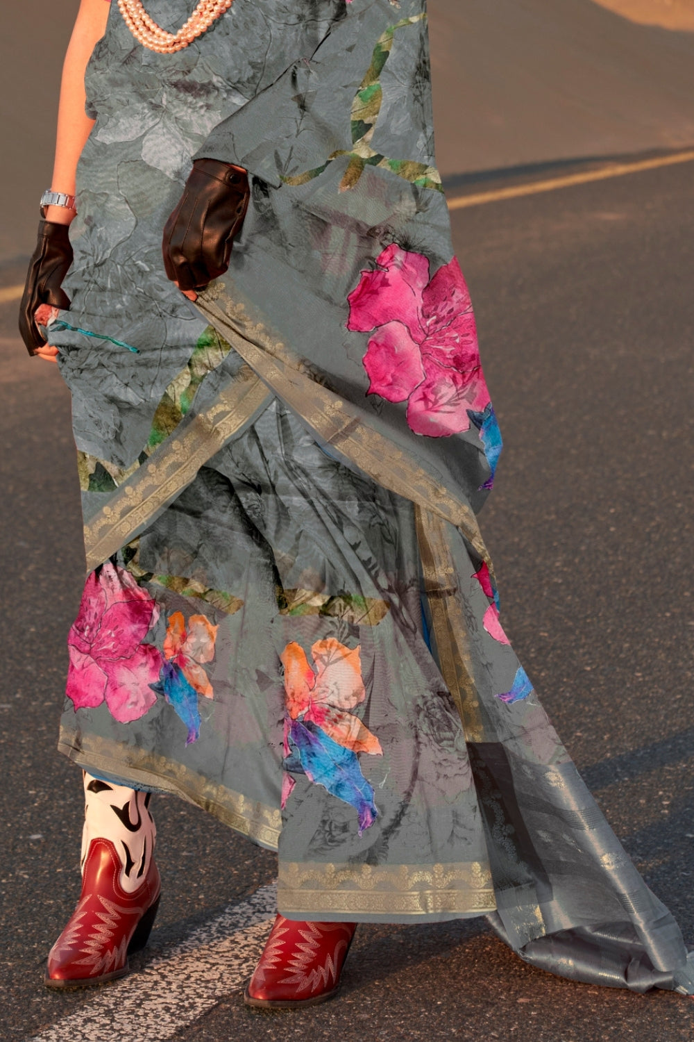 Flint Grey Printed Tussar Saree