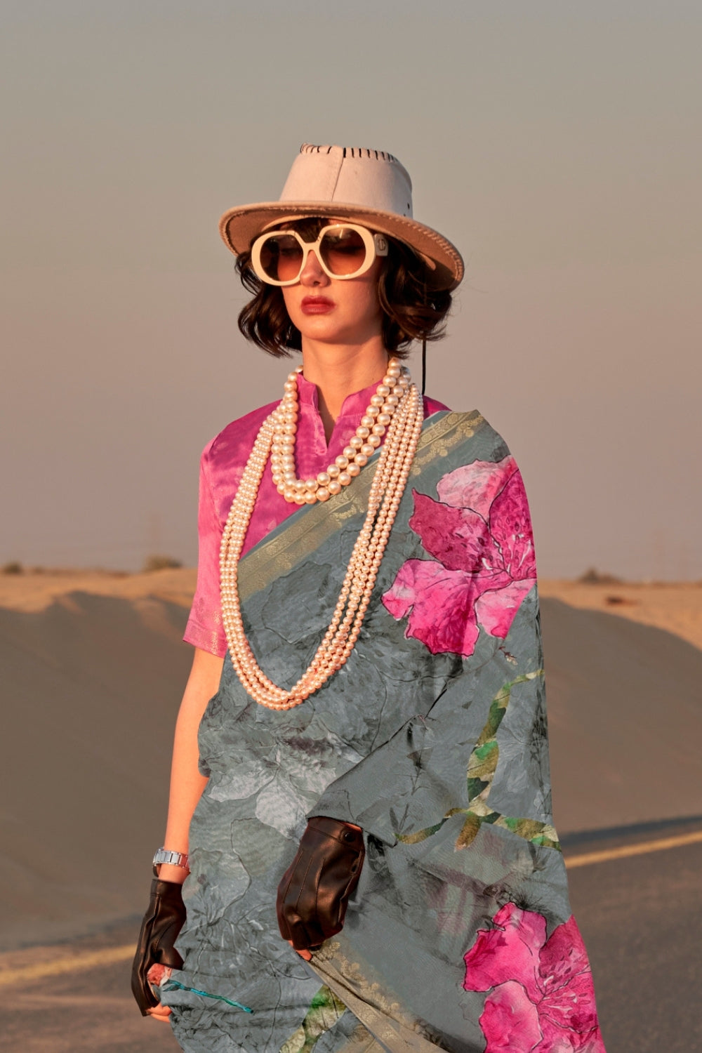 Flint Grey Printed Tussar Saree