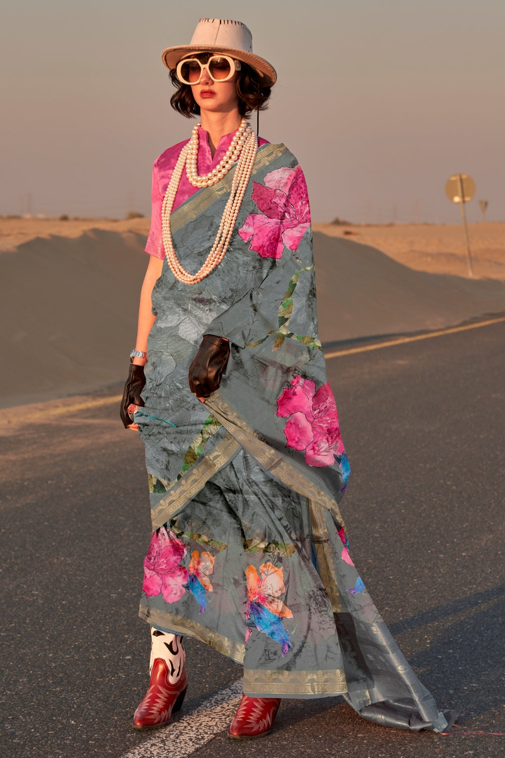 Flint Grey Printed Tussar Saree