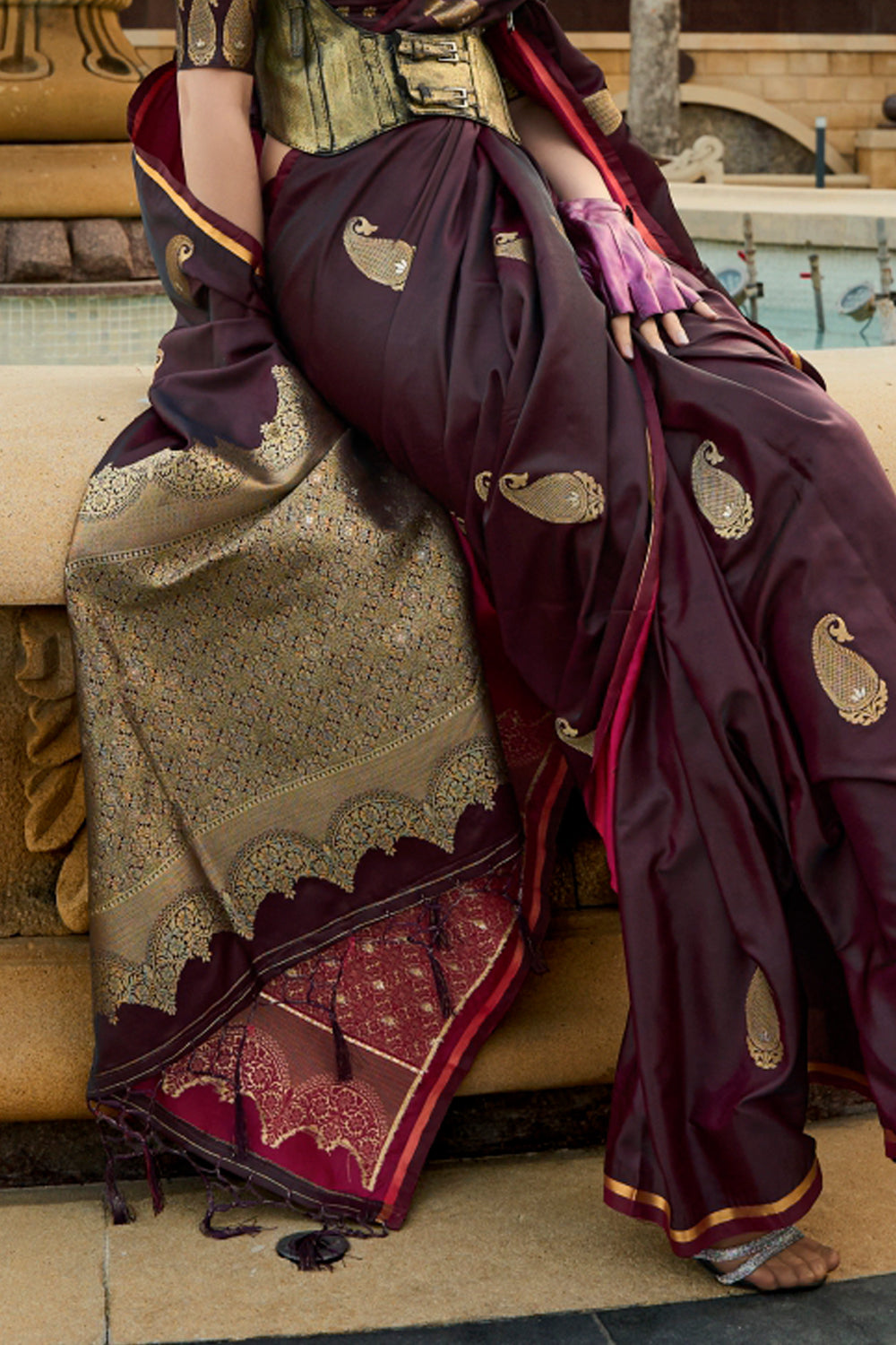 Wine Banarasi Silk Saree