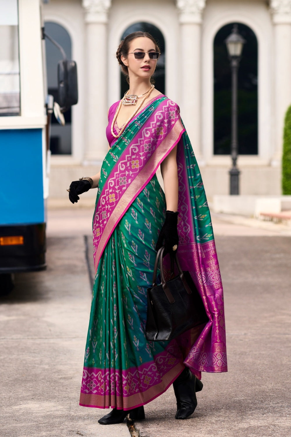 Green Soft Silk With Ikkat Border Saree
