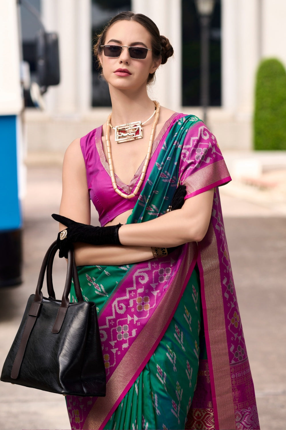 Green Soft Silk With Ikkat Border Saree