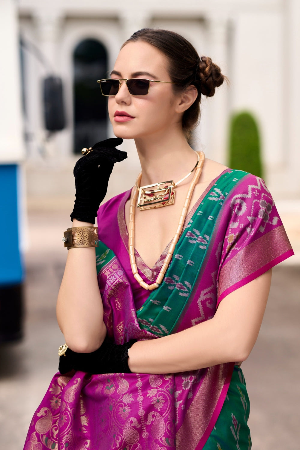 Green Soft Silk With Ikkat Border Saree