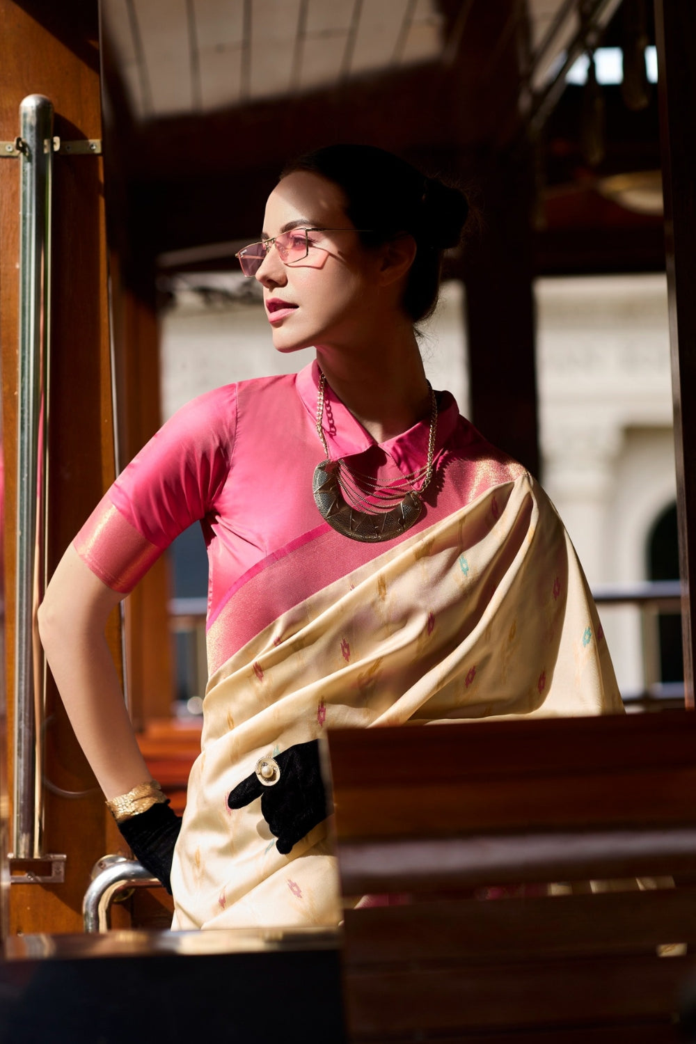 Beige Soft Silk With Ikkat Border Saree