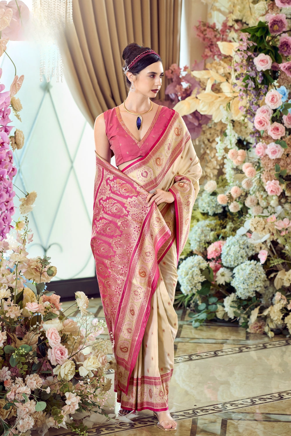 Beige Pure Soft Banarasi Silk Saree
