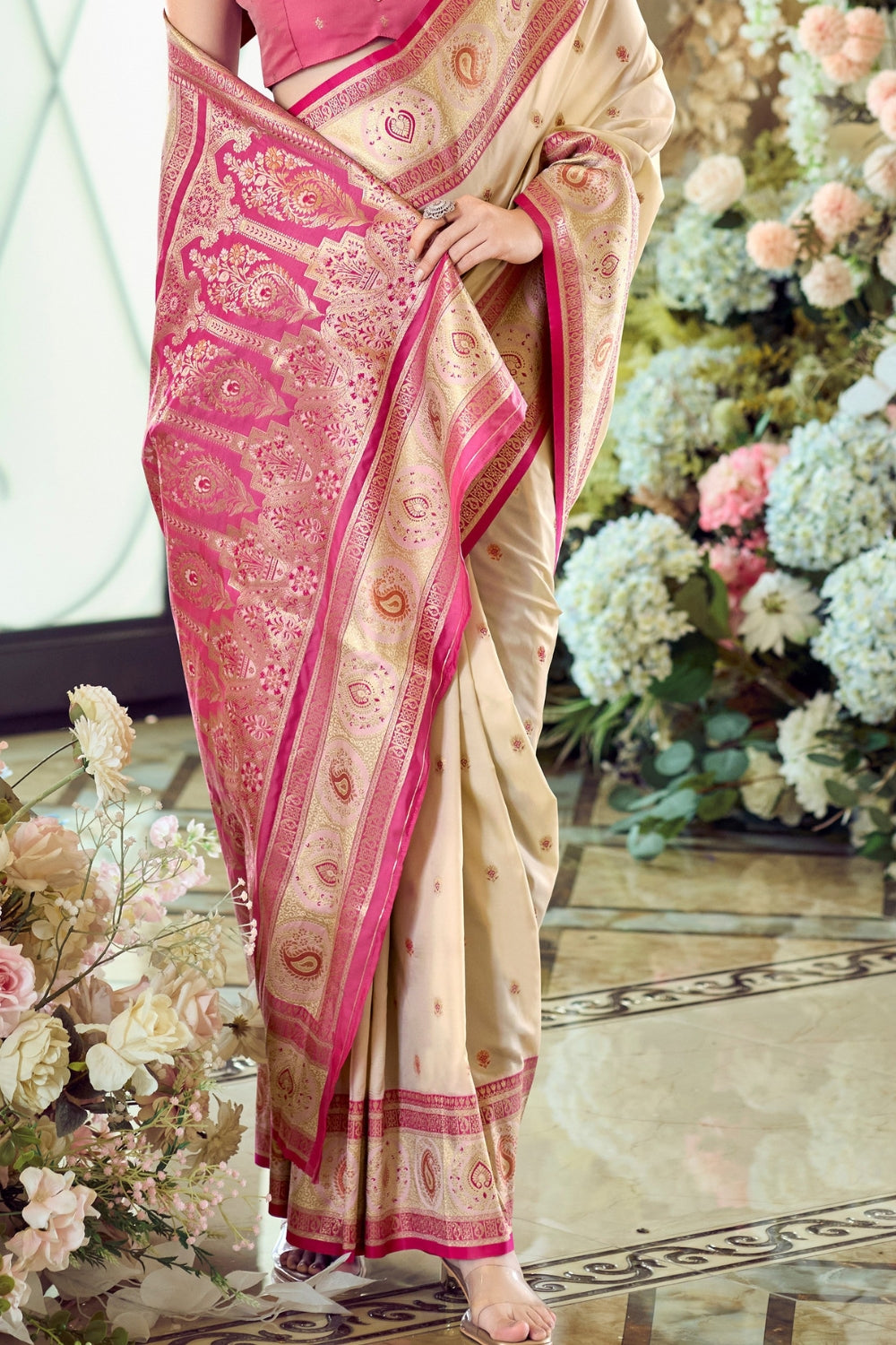 Beige Pure Soft Banarasi Silk Saree