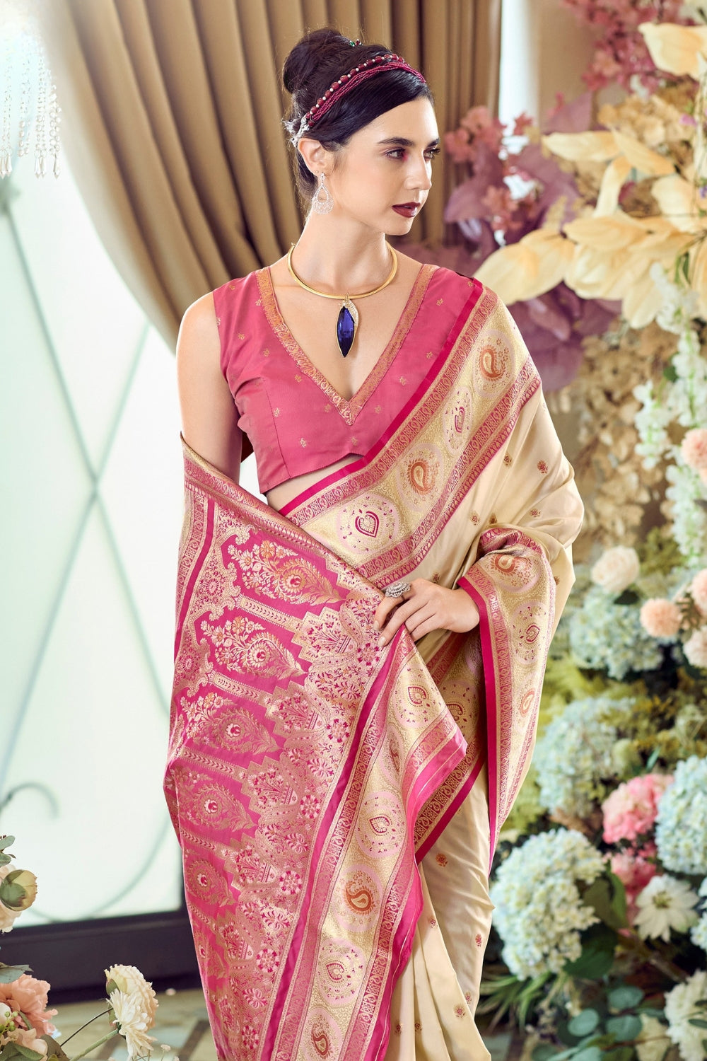 Beige Pure Soft Banarasi Silk Saree