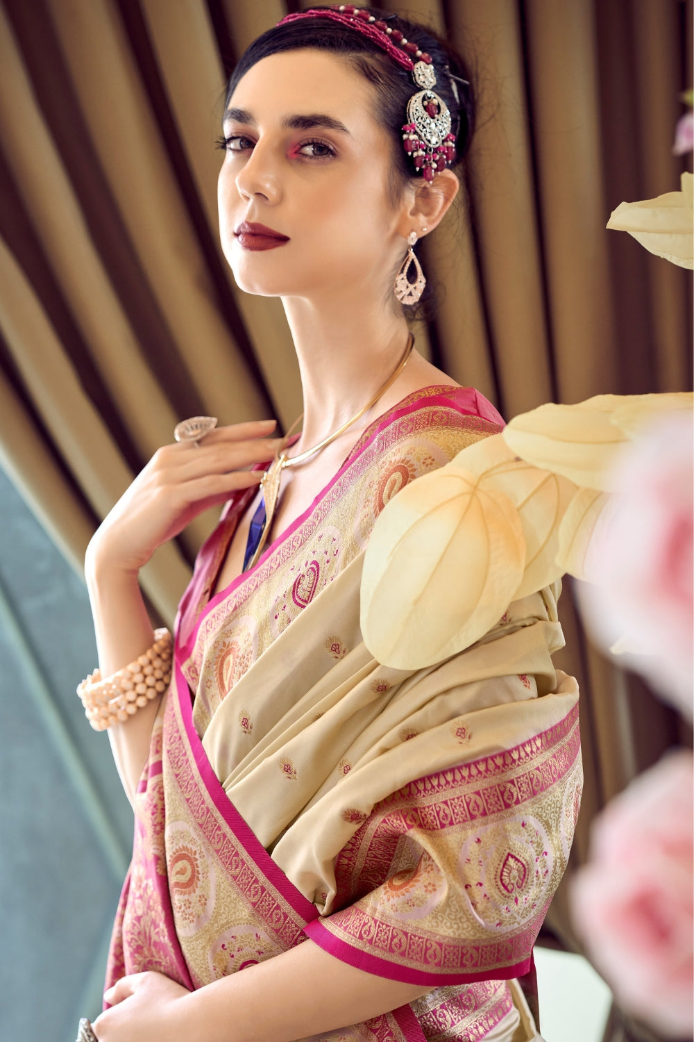 Beige Pure Soft Banarasi Silk Saree