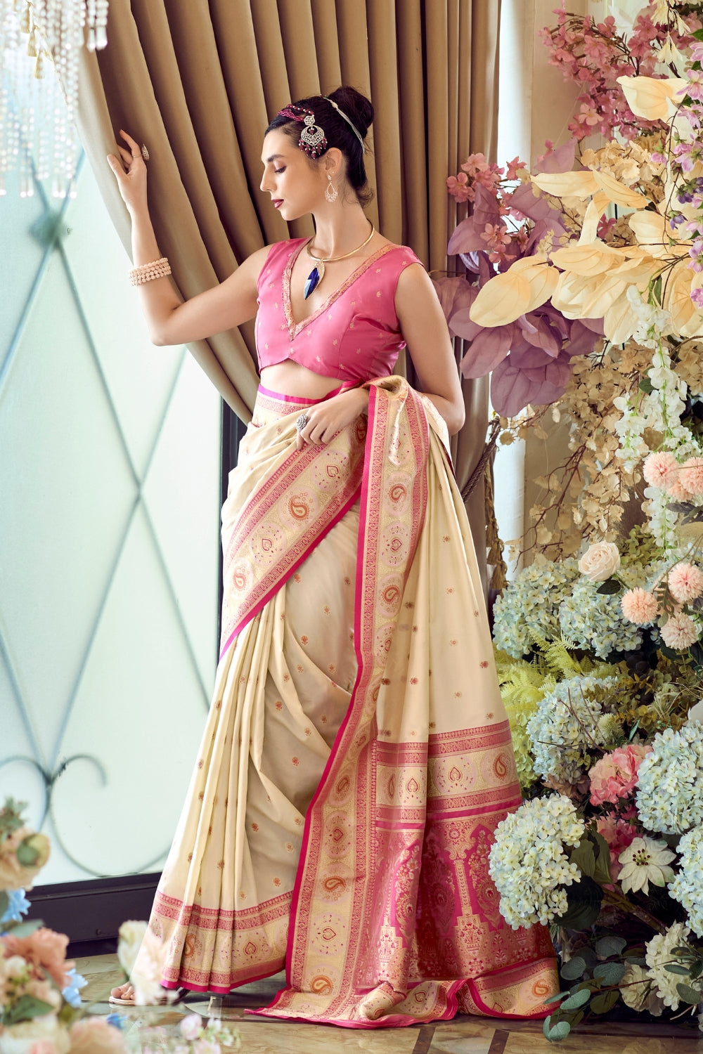 Beige Pure Soft Banarasi Silk Saree