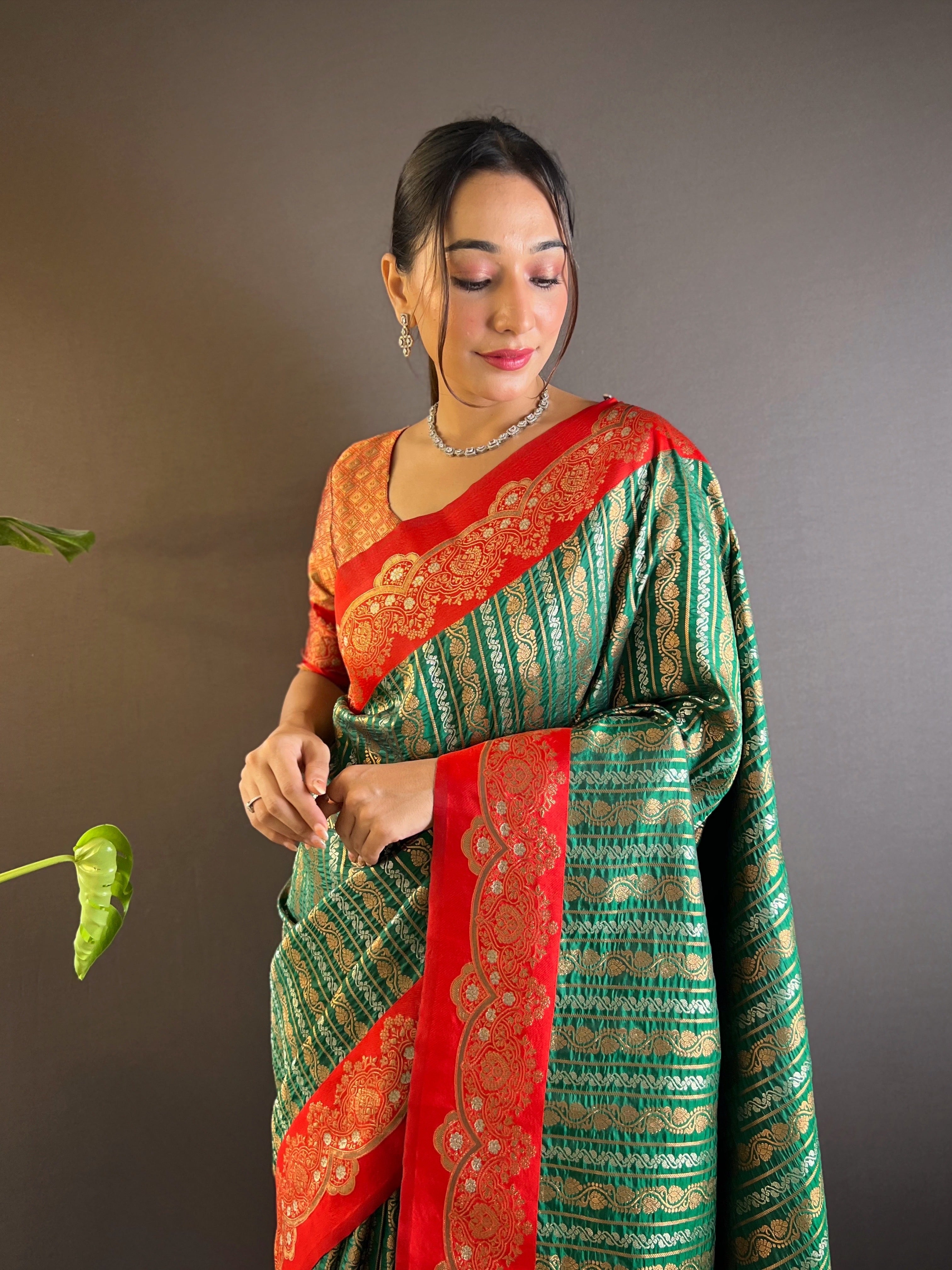 Dark Green Soft Silk Zari Border Saree