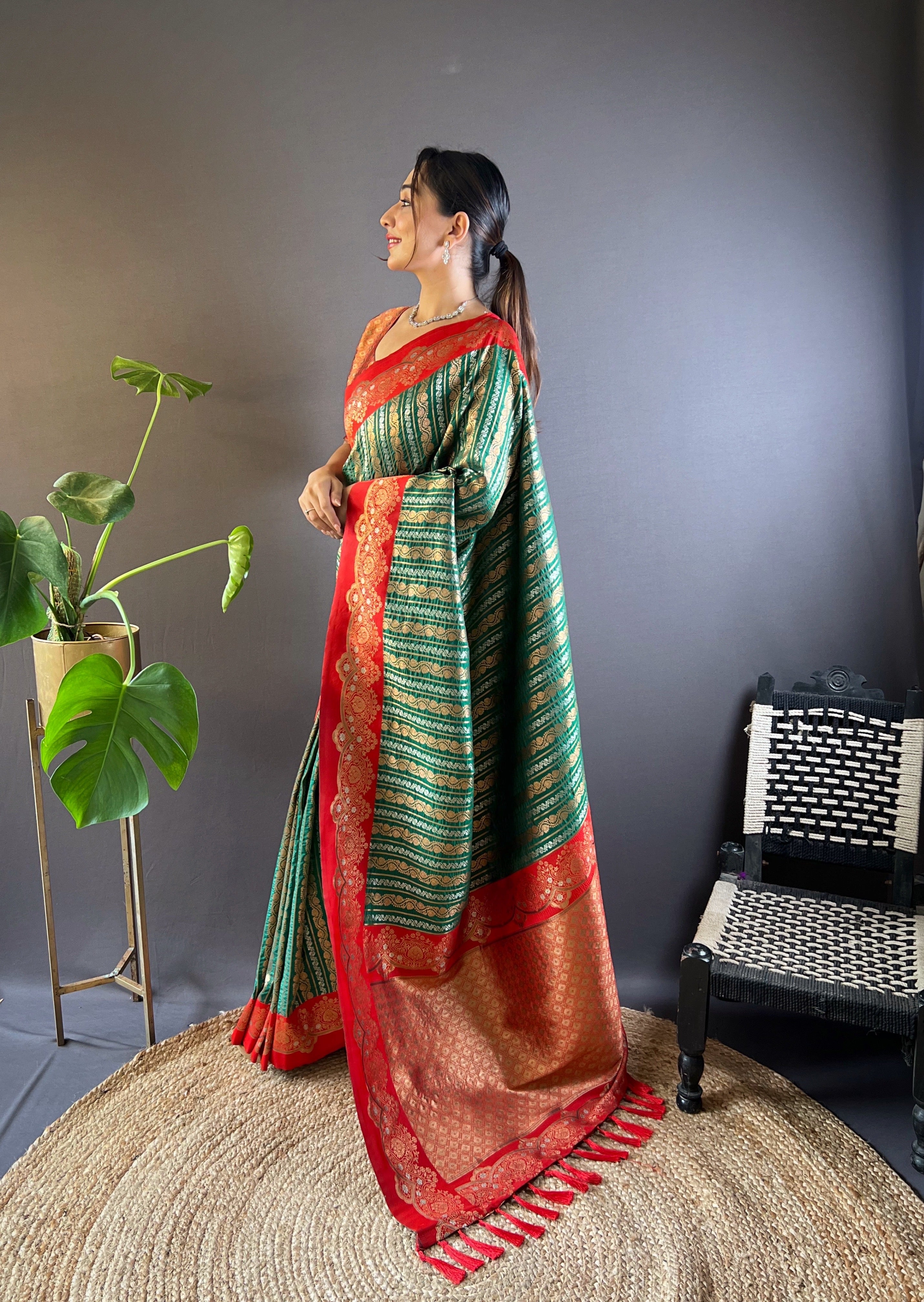 Dark Green Soft Silk Zari Border Saree