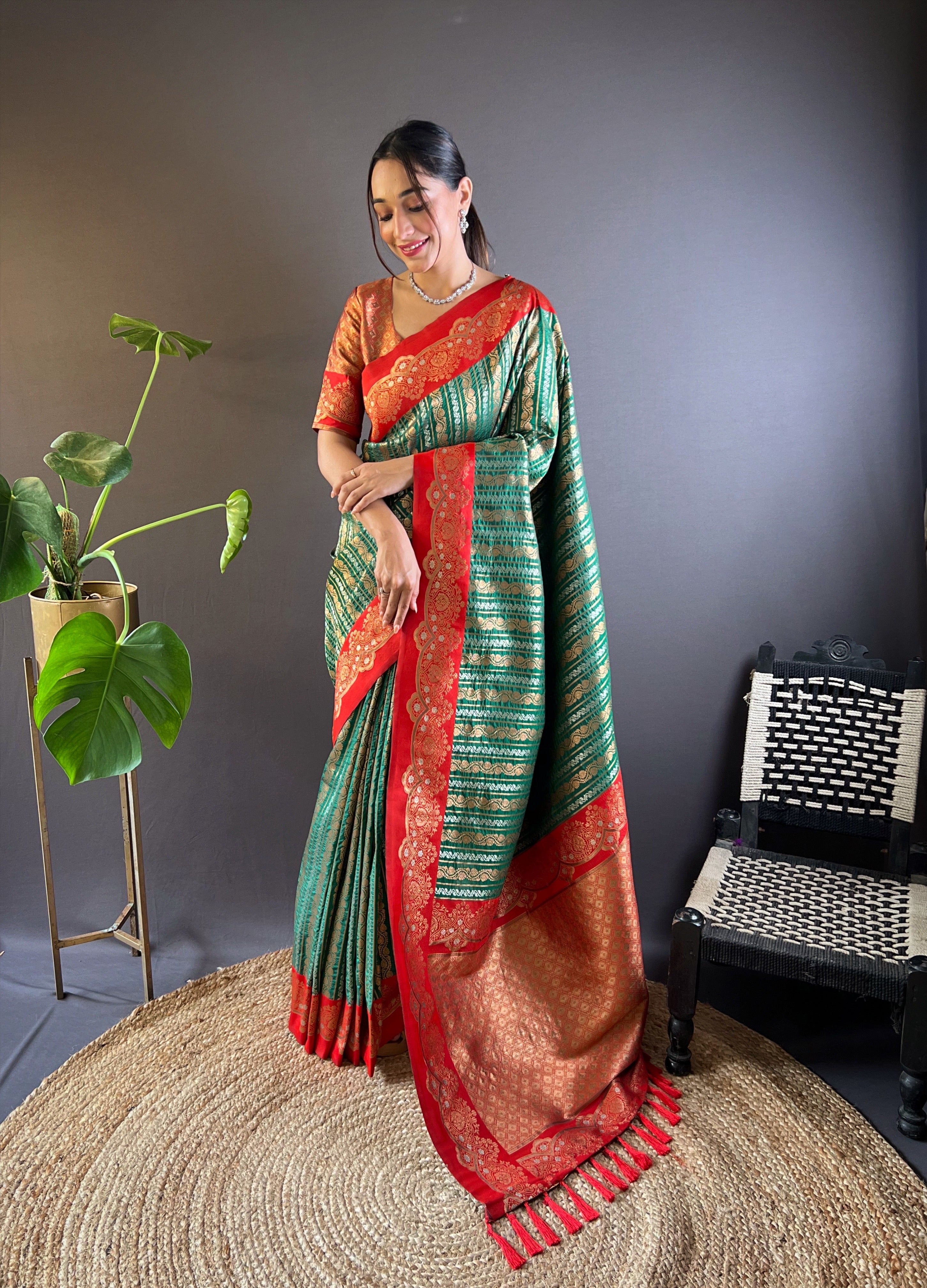 Dark Green Soft Silk Zari Border Saree