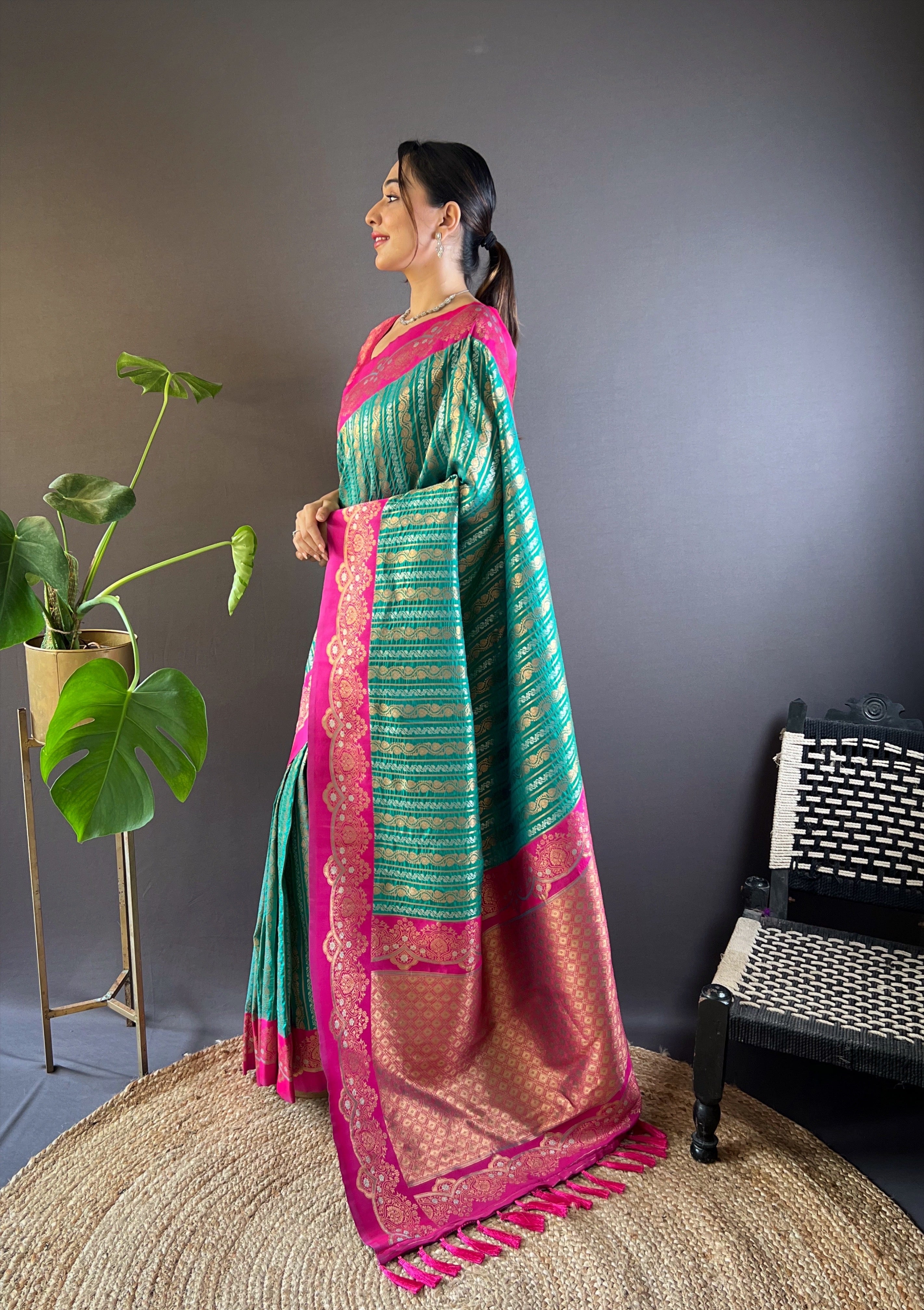 Teal Soft Silk Zari Border Saree
