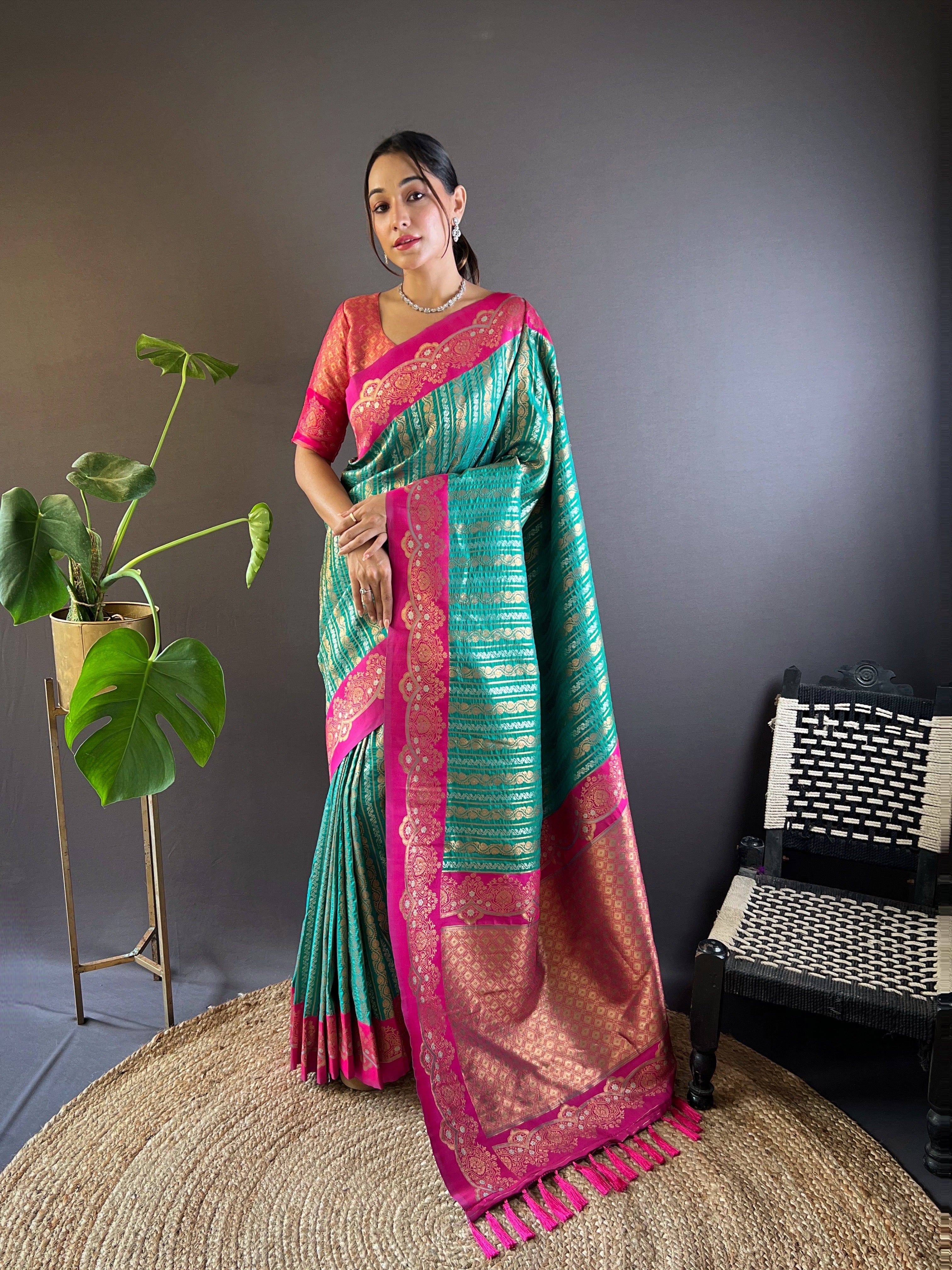 Teal Soft Silk Zari Border Saree