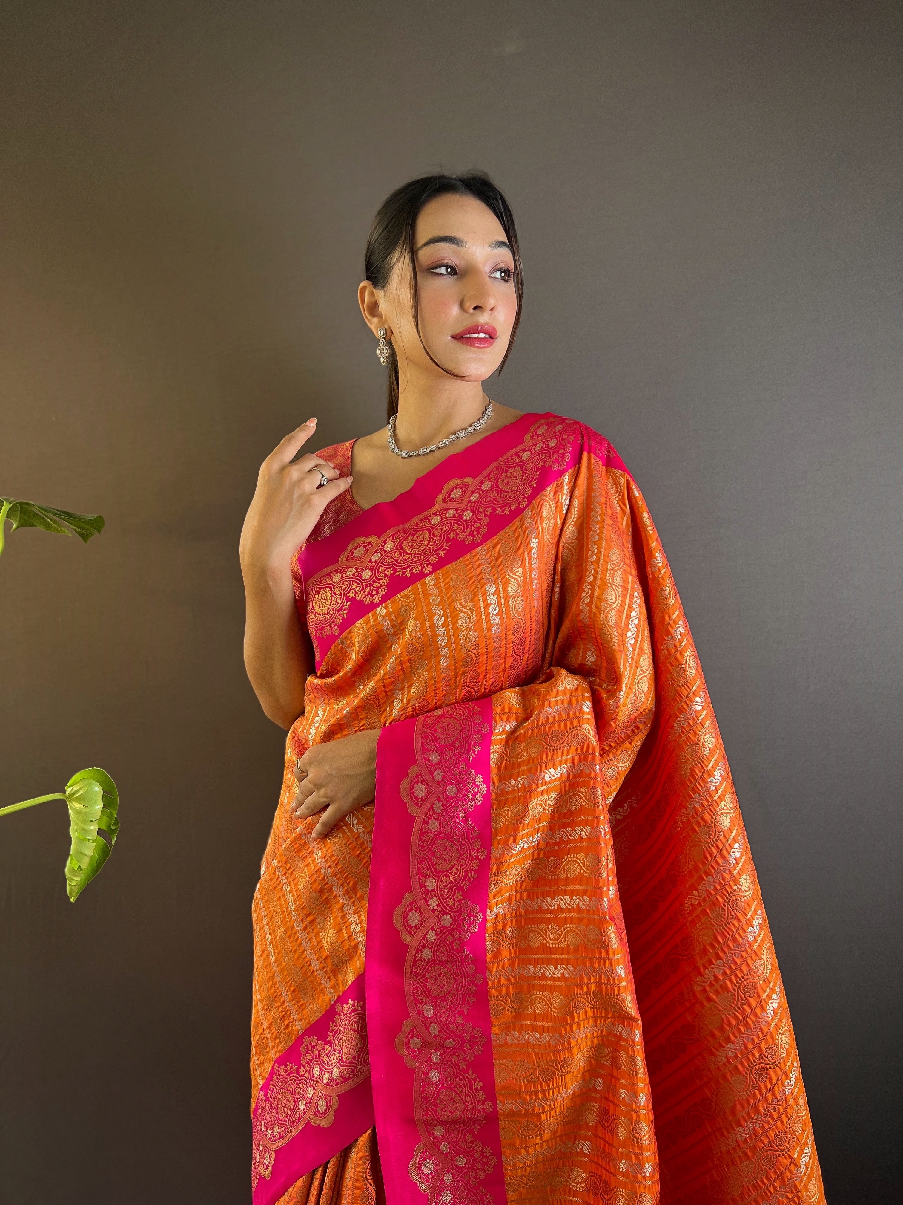 Orange Soft Silk Zari Border Saree