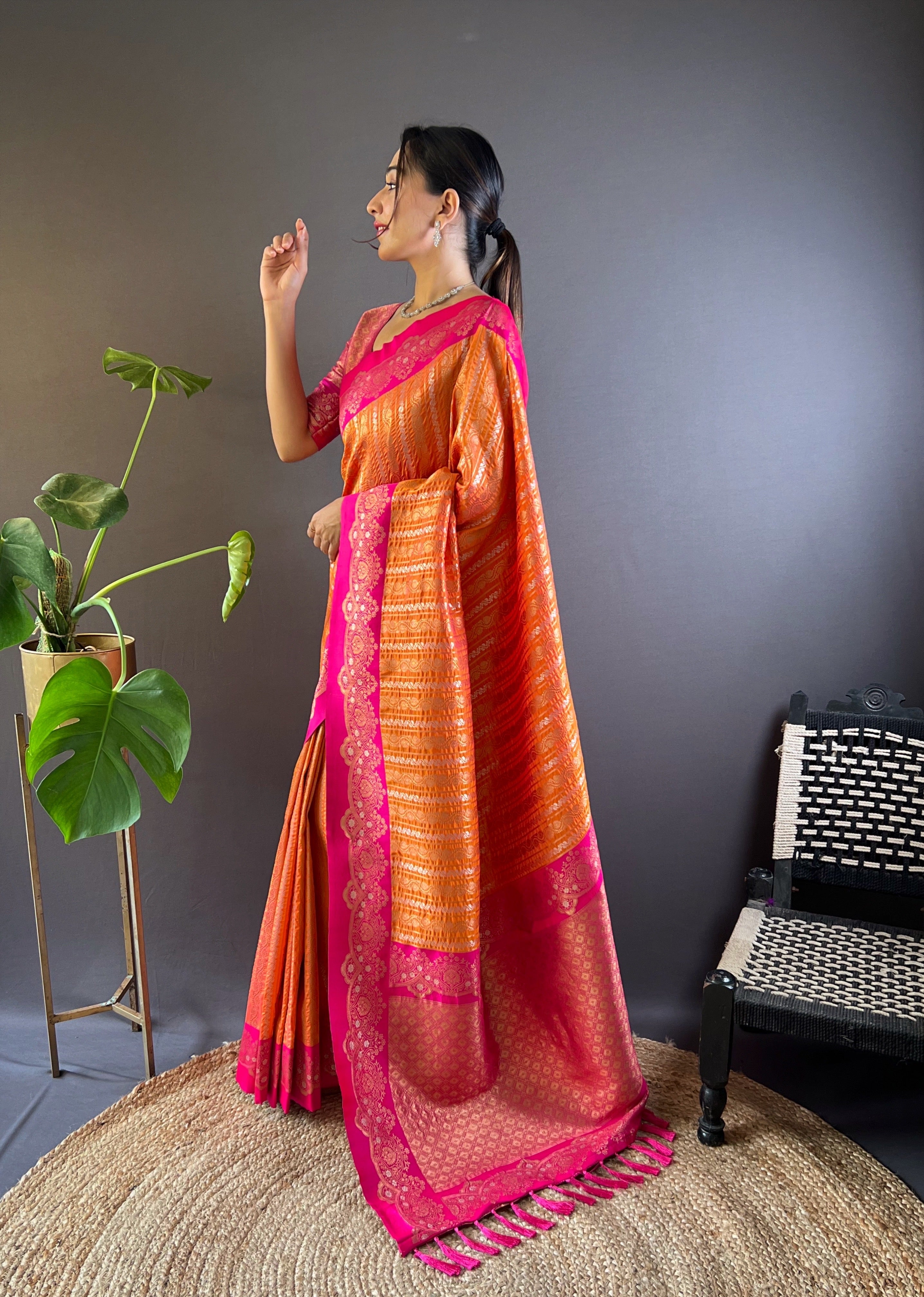 Orange Soft Silk Zari Border Saree