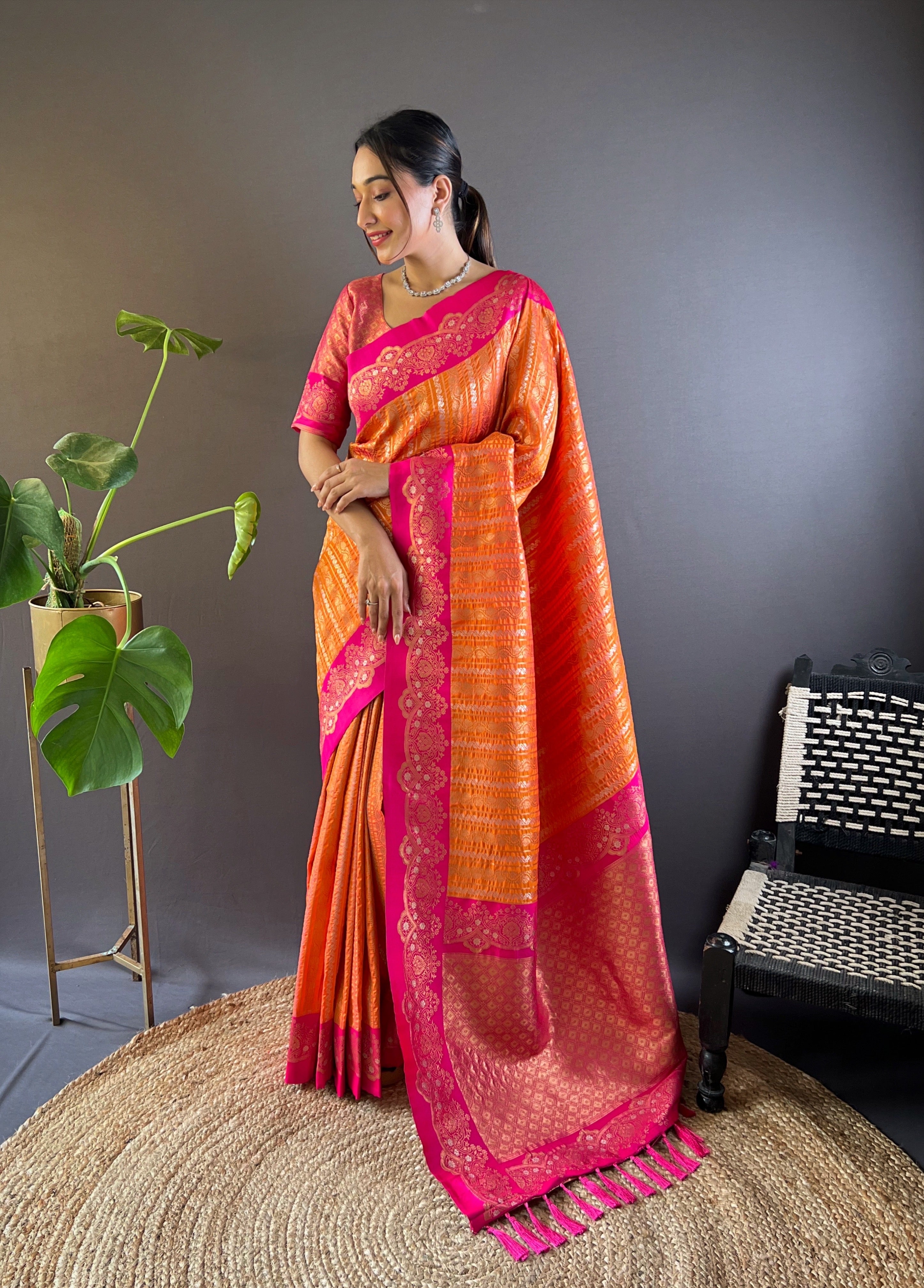 Orange Soft Silk Zari Border Saree