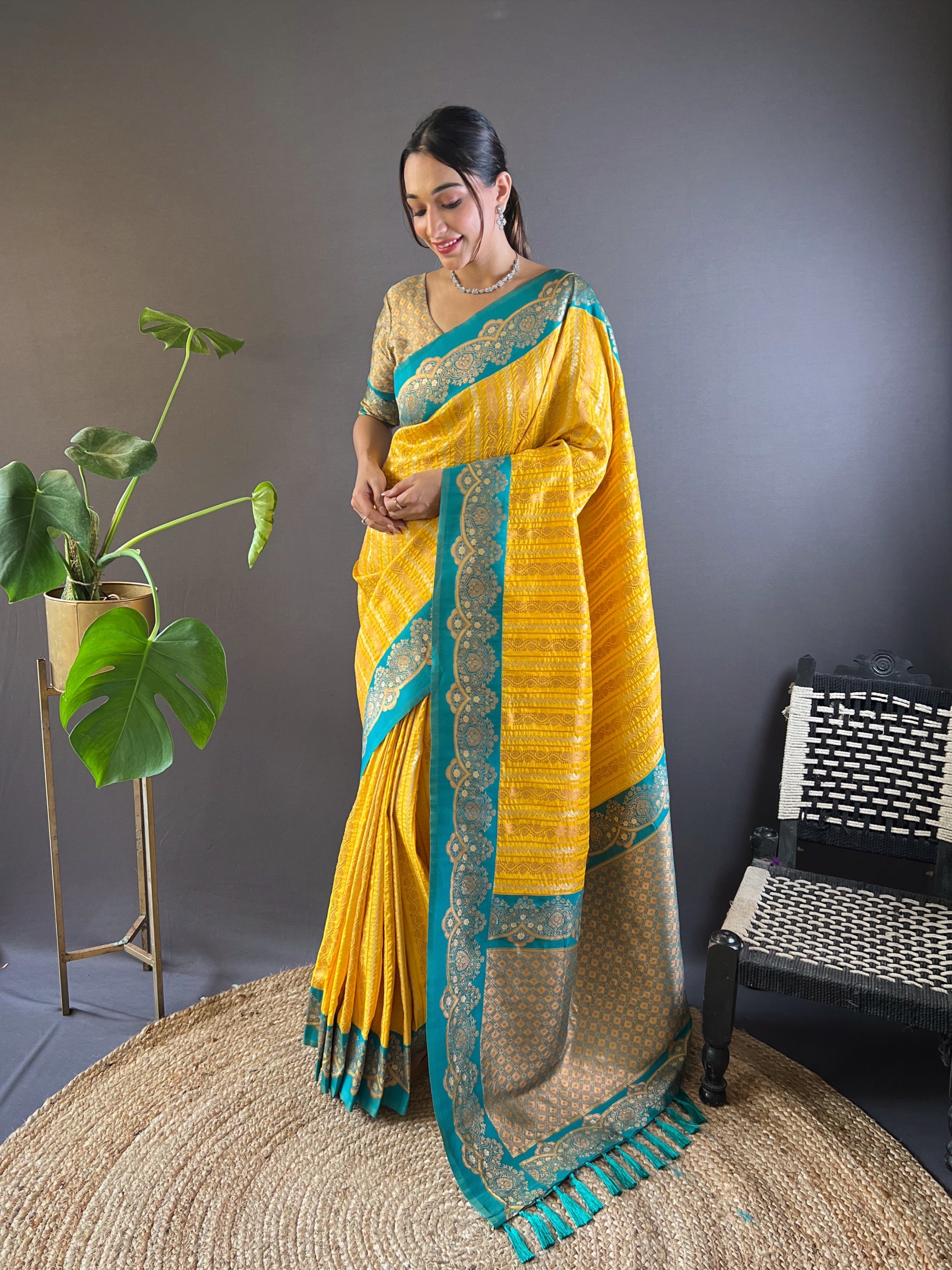 Yellow Soft Silk Zari Border Saree