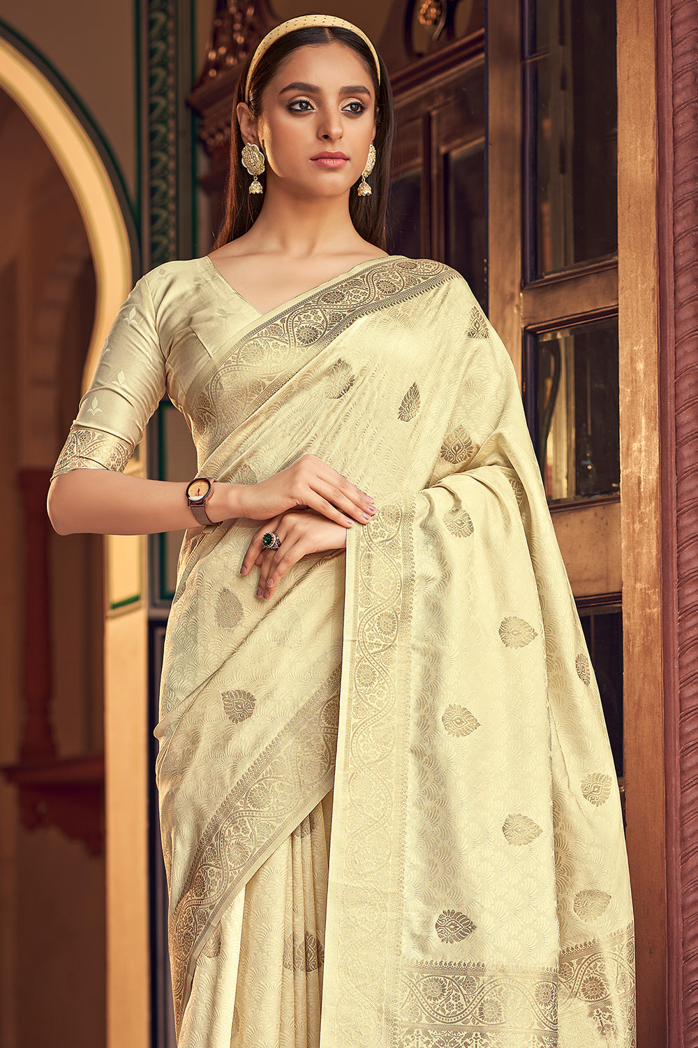 White Cream Banarasi Satin Saree
