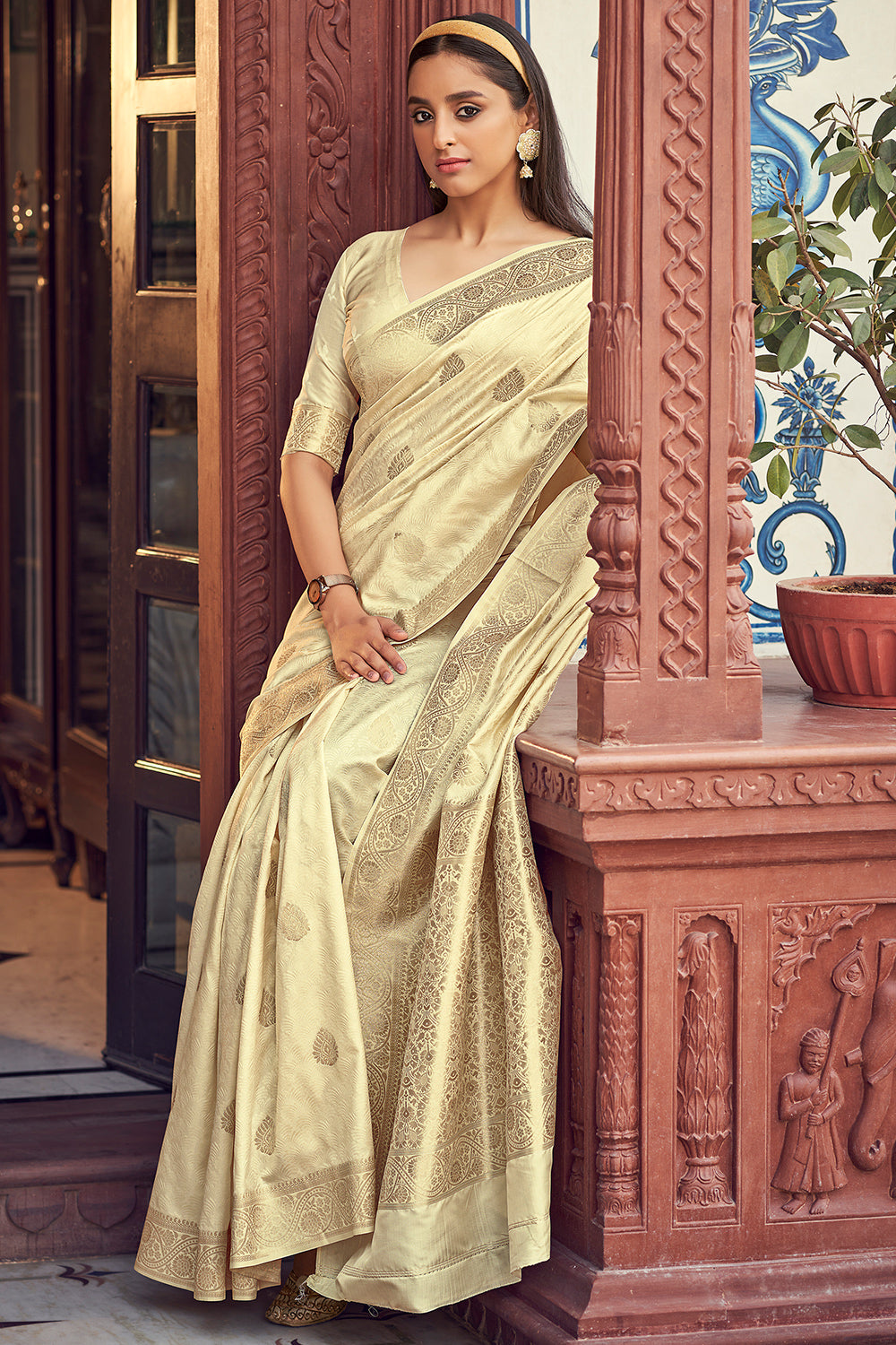 White Cream Banarasi Satin Saree