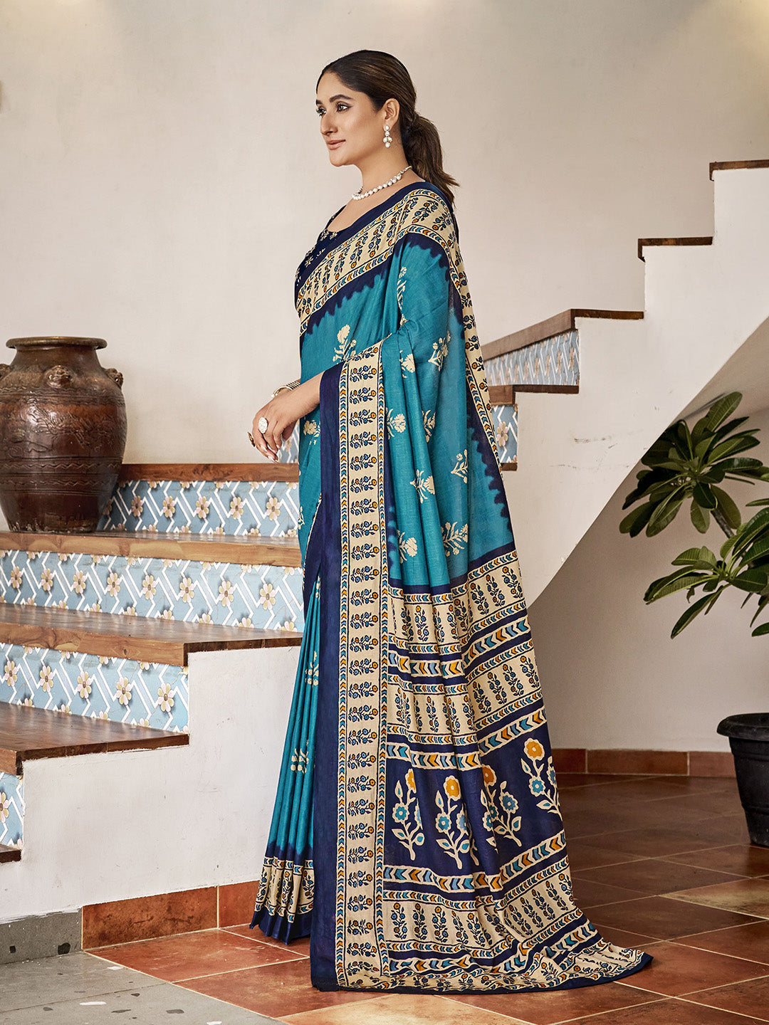 Sky Blue Mulmul Cottons Saree