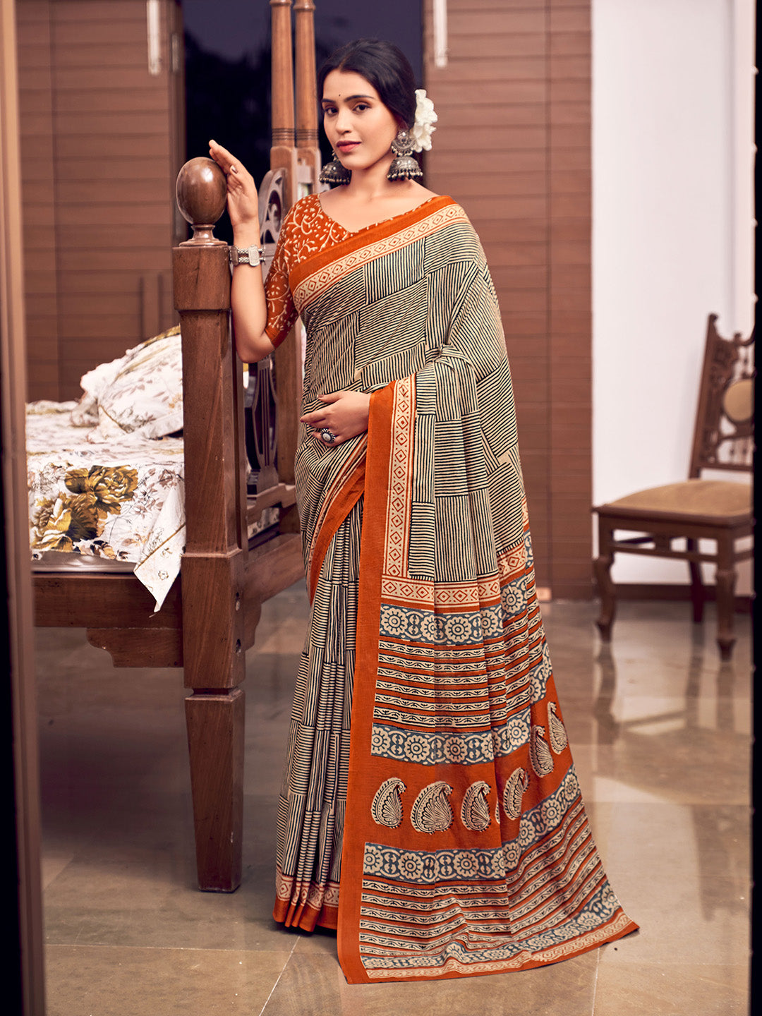 Orange And Black Mulmul Cottons Saree