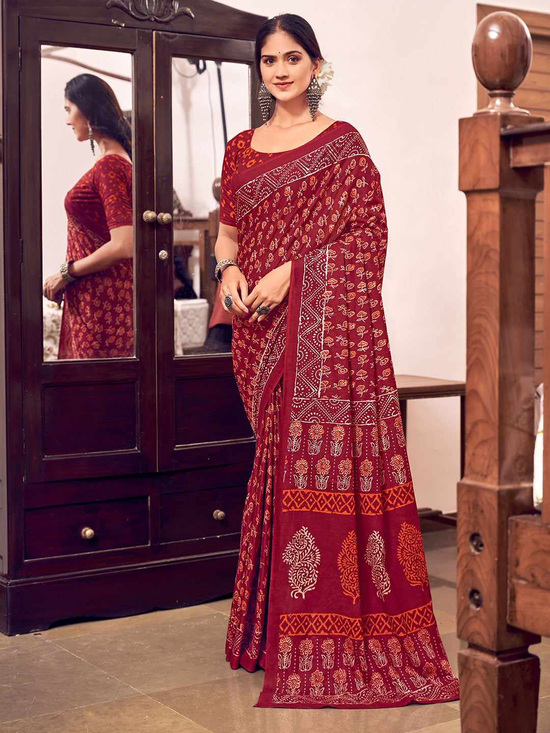 Red Mulmul Cottons Saree