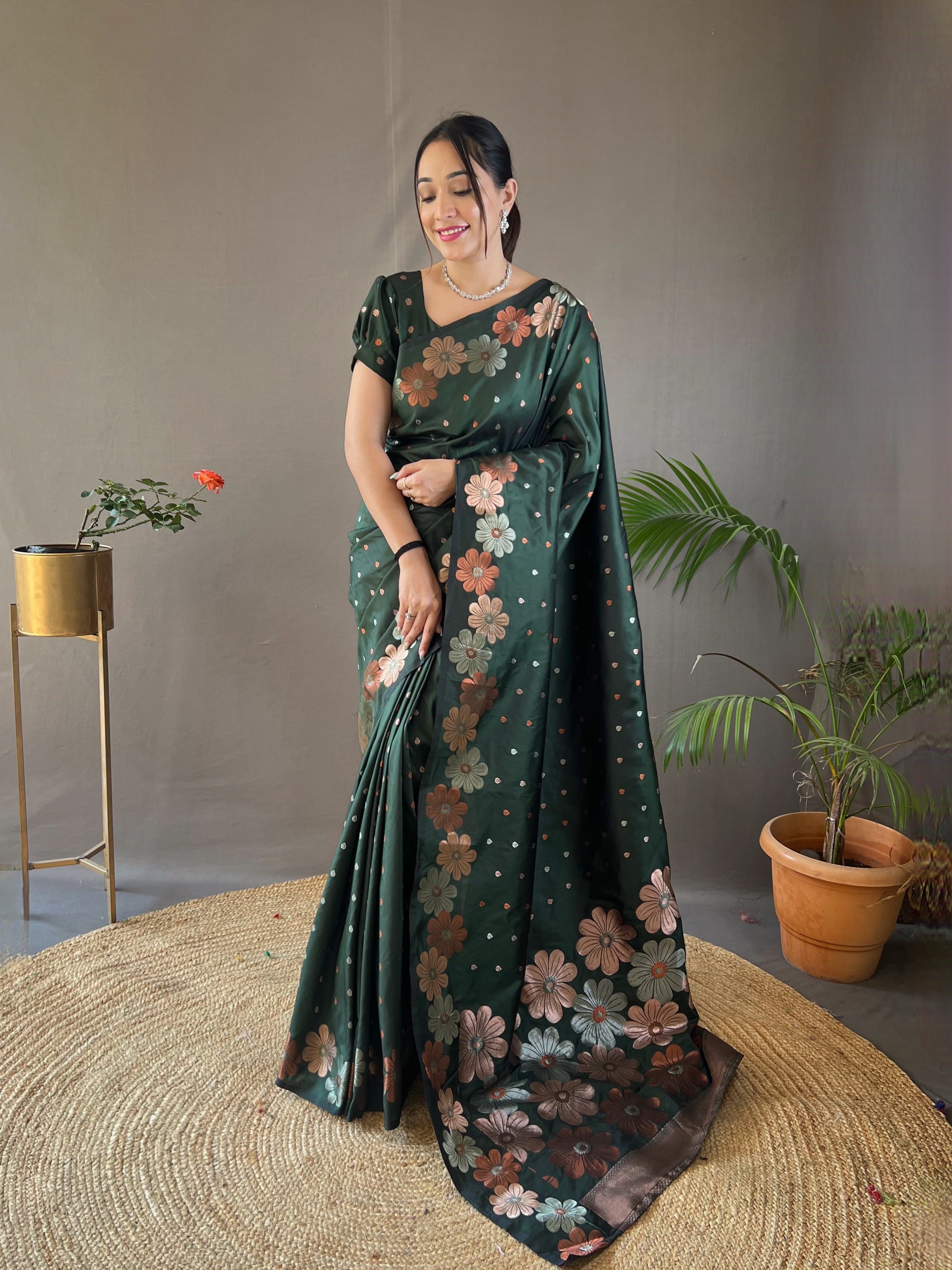 BOTTLE GREEN Pure soft silk SAREE