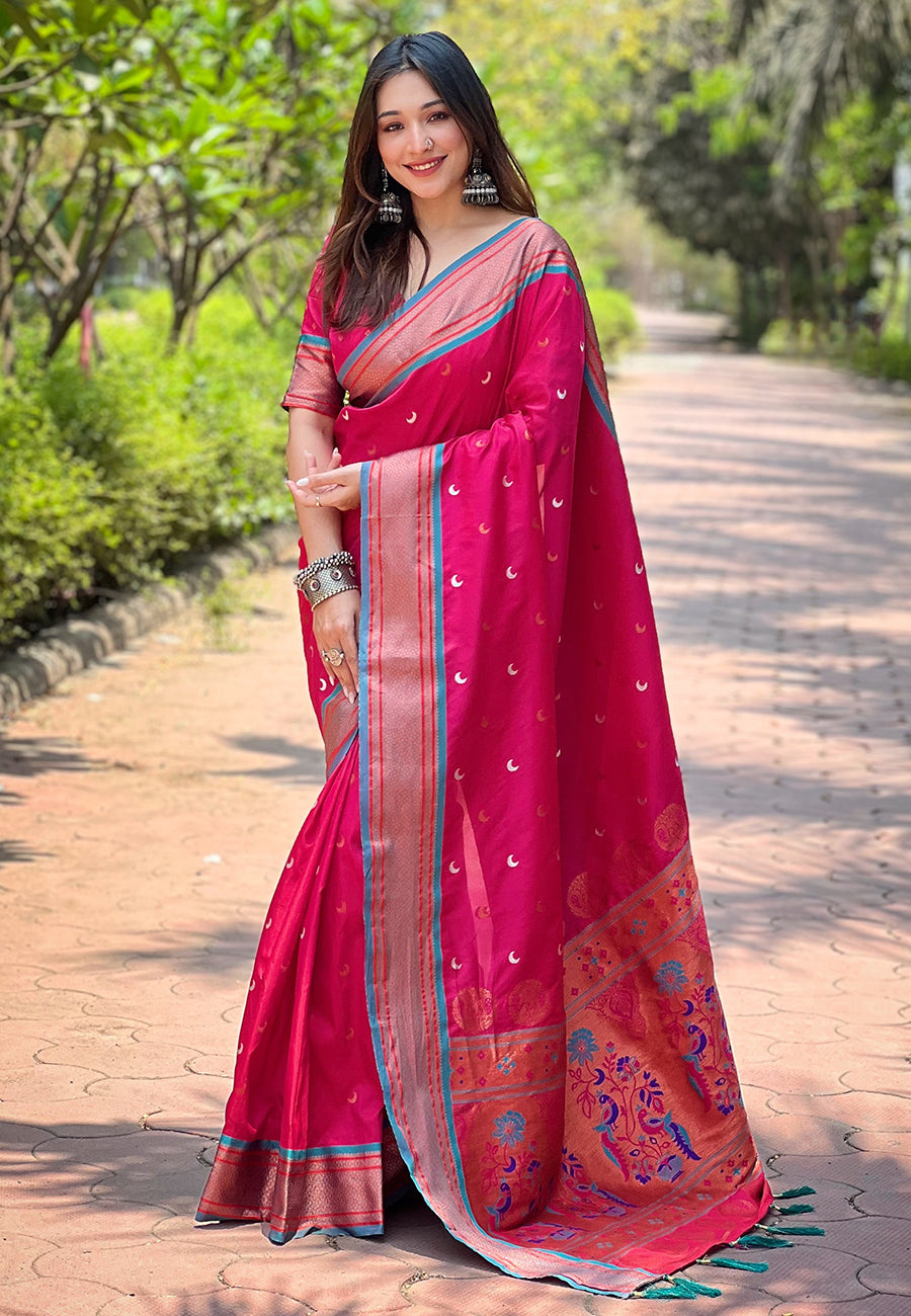 Cherry Pink Moon Paithani Saree