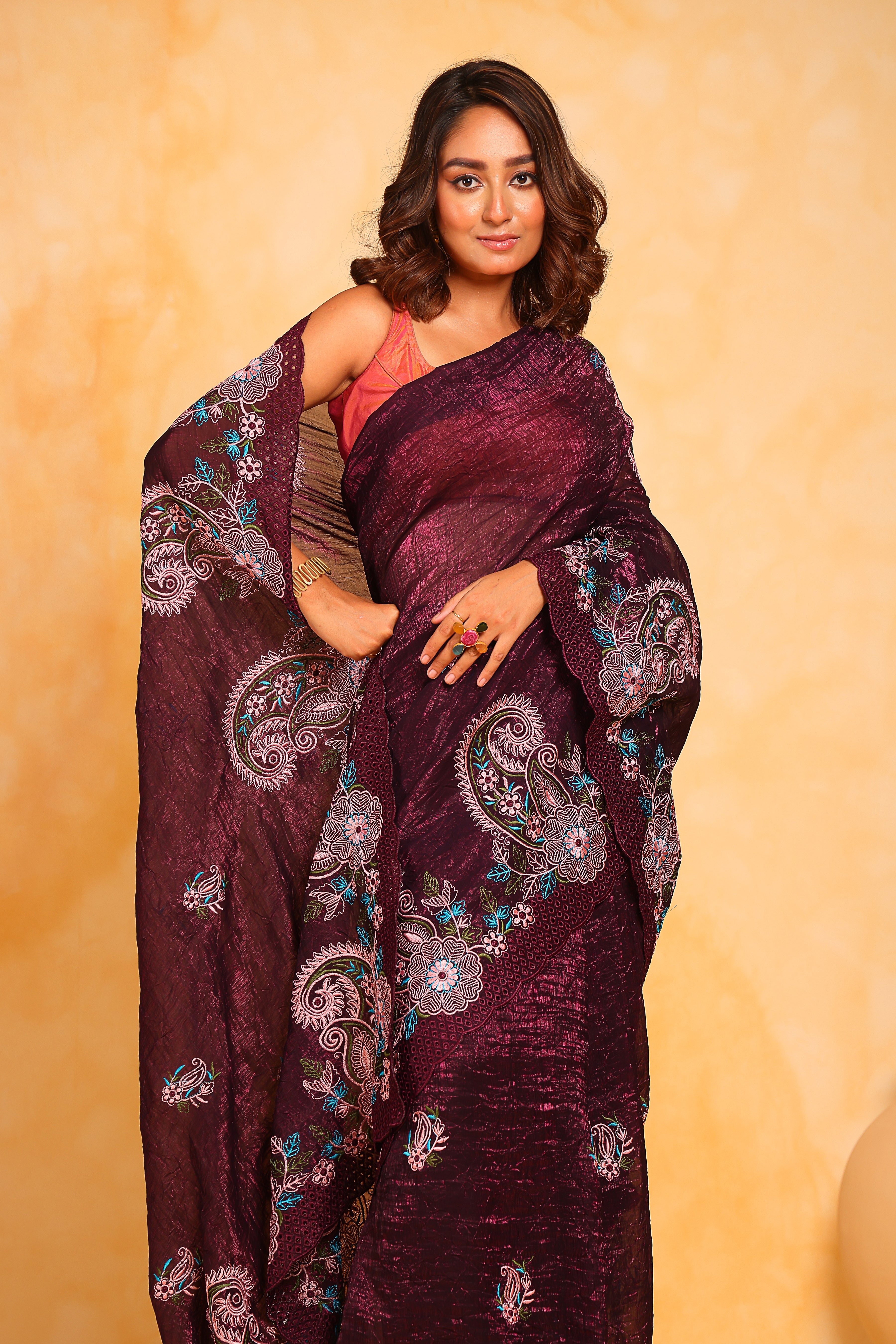 Wine Korean simmer silk Saree With Satin Banglori Blouse
