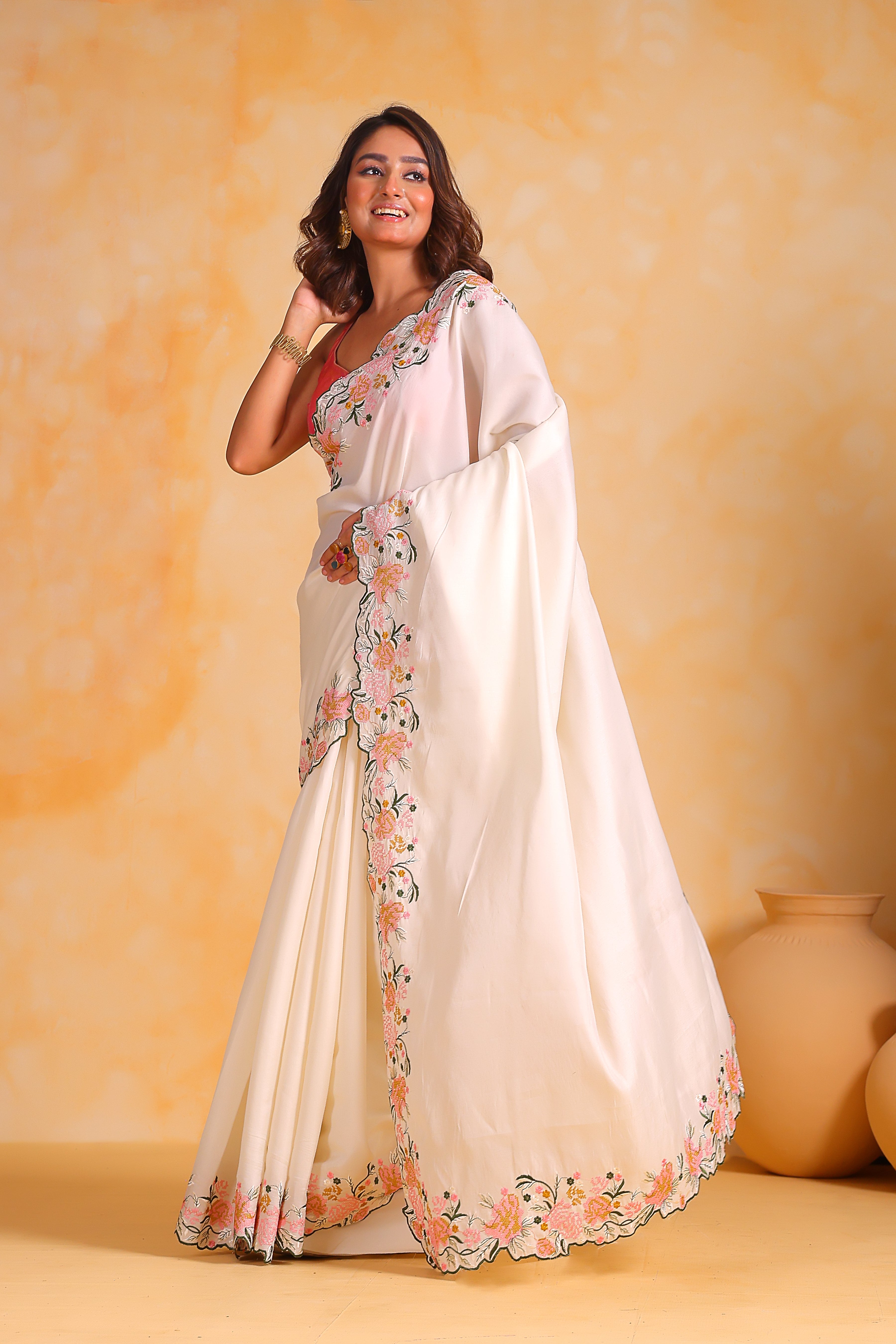 White Tussar silk Saree With Tussar silk Blouse