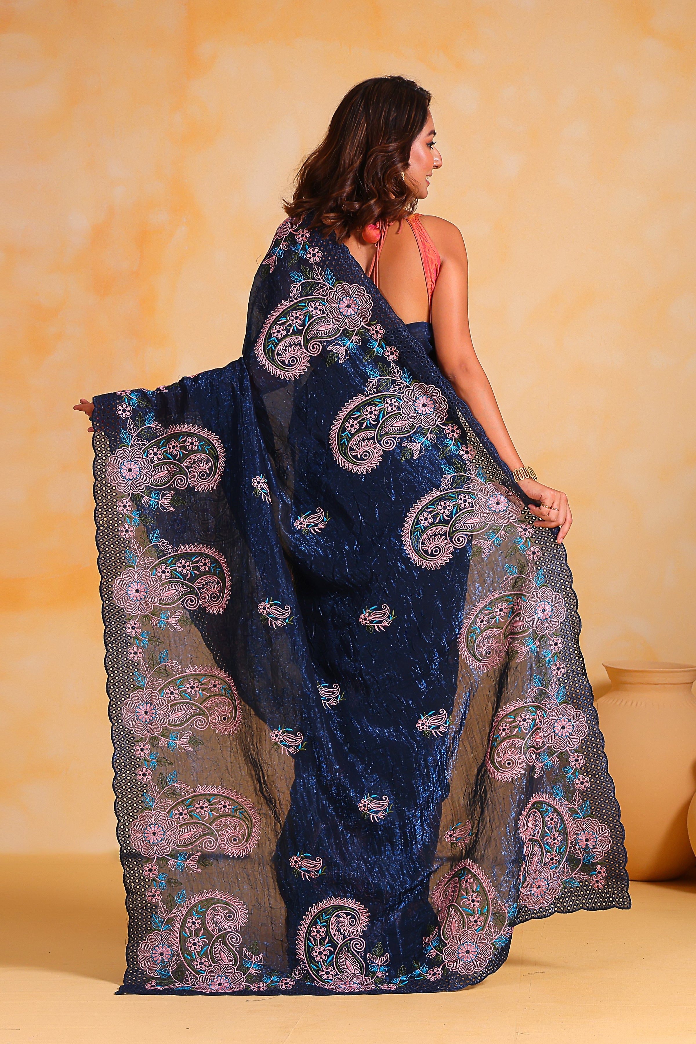 Navy blue Korean simmer silk Saree With Satin Banglori Blouse