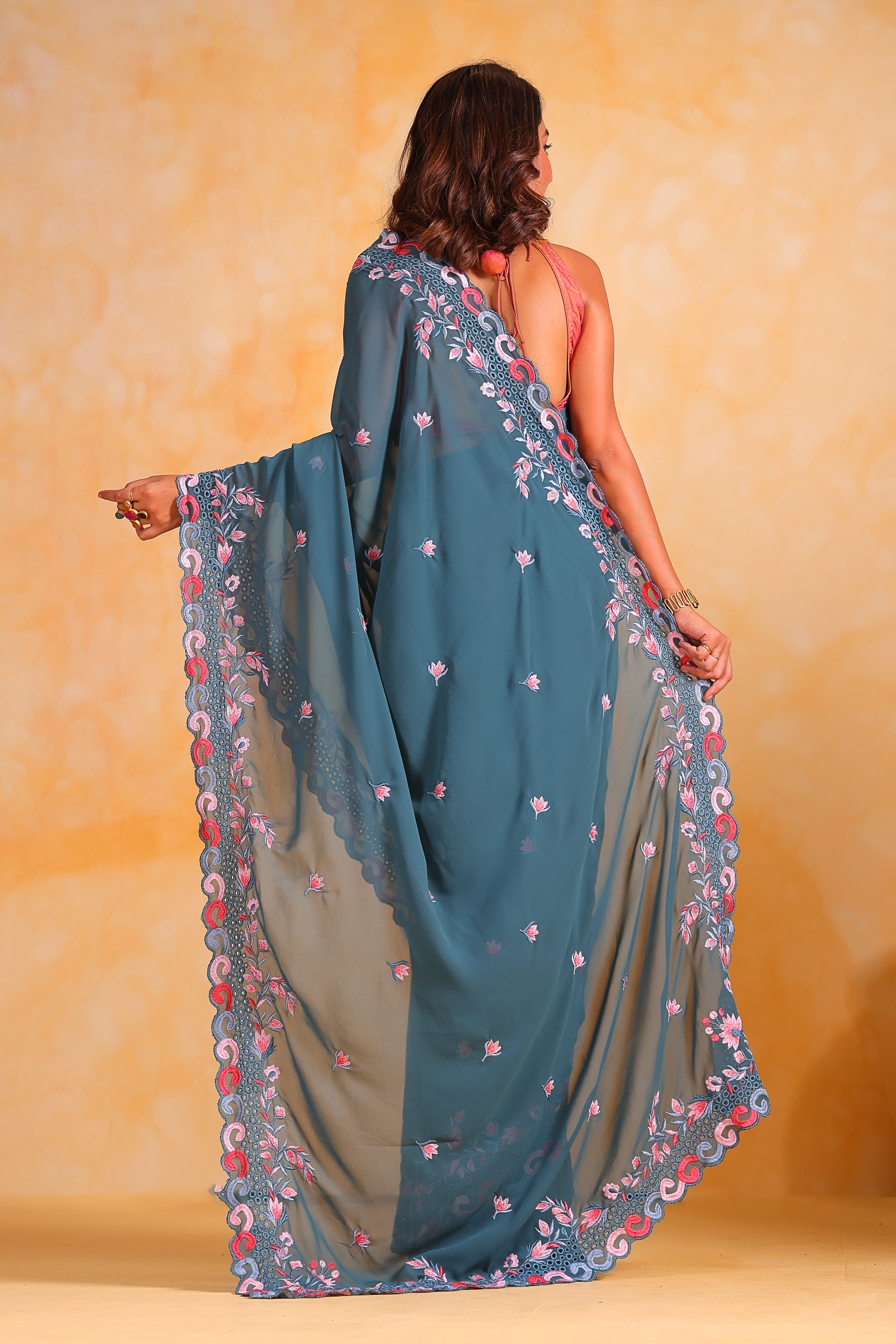BLUE Georgett silk Saree With Satin Banglori Blouse