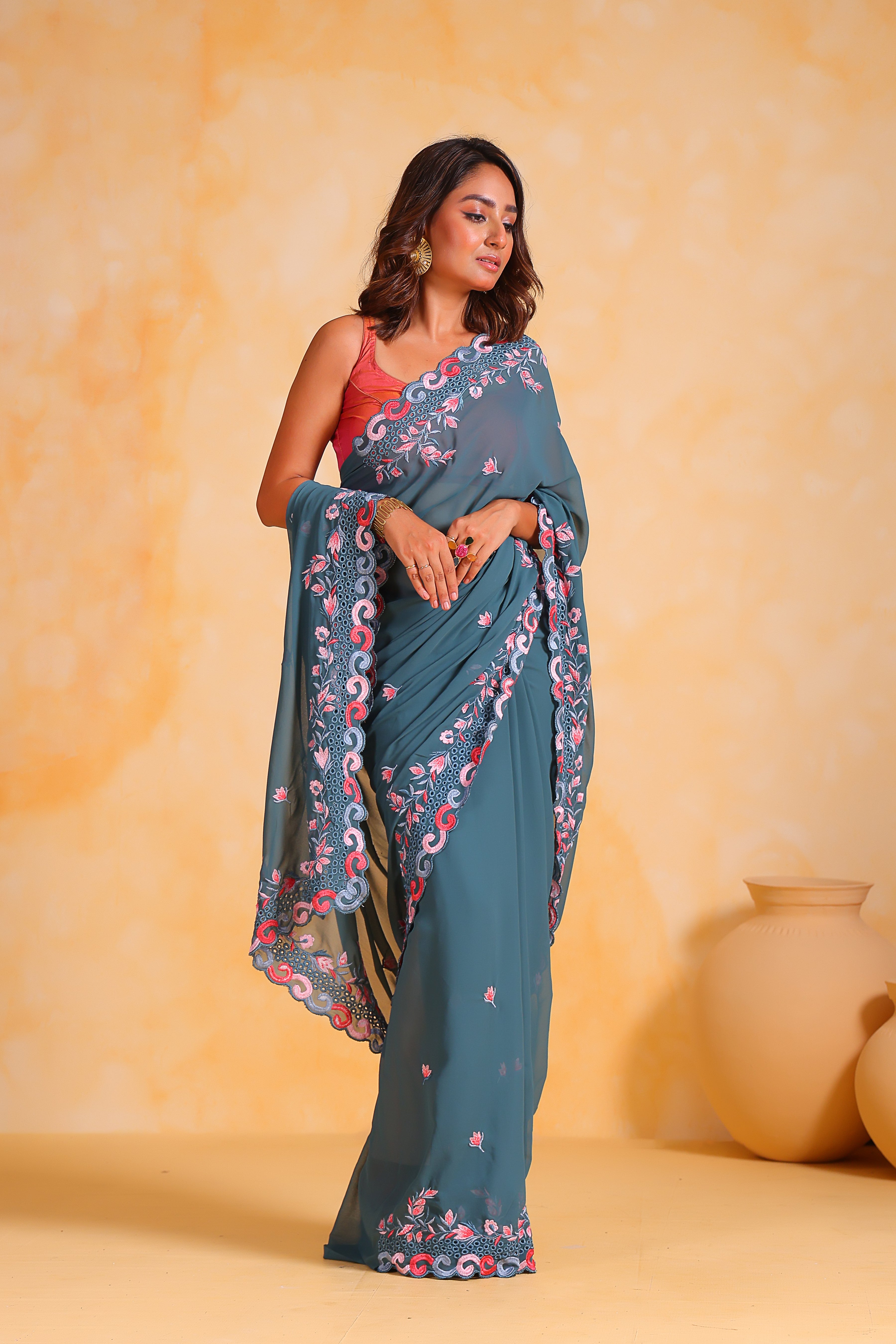 BLUE Georgett silk Saree With Satin Banglori Blouse